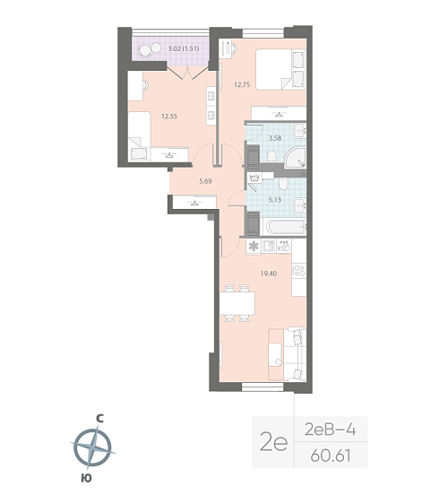 1 комн. квартира, 60.6 м², 17 этаж 