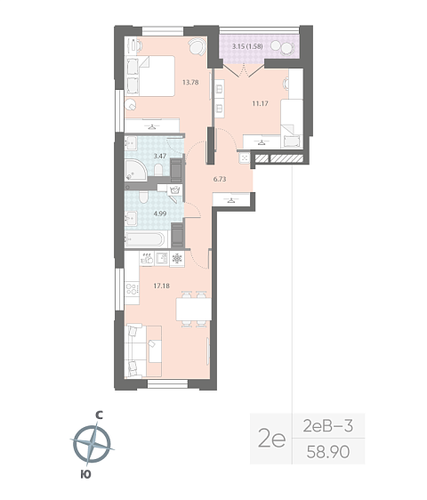 1 комн. квартира, 58.9 м², 15 этаж 