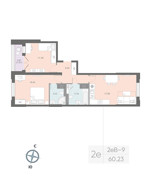 1 комн. квартира, 60.2 м², 16 этаж 
