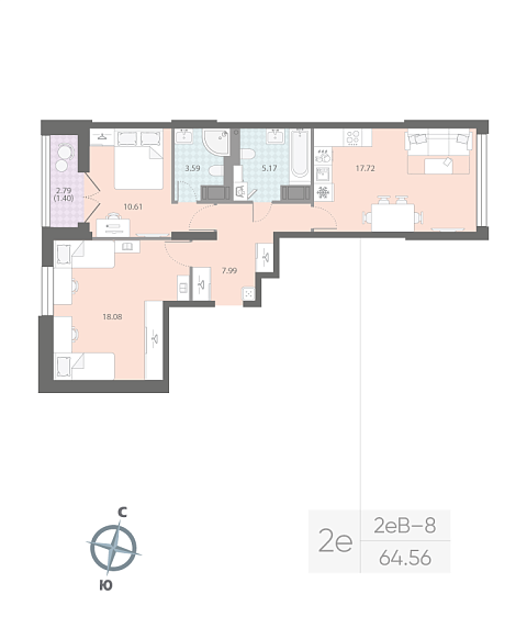 1 комн. квартира, 64.6 м², 16 этаж 