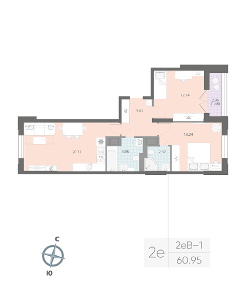 1 комн. квартира, 61 м², 13 этаж 