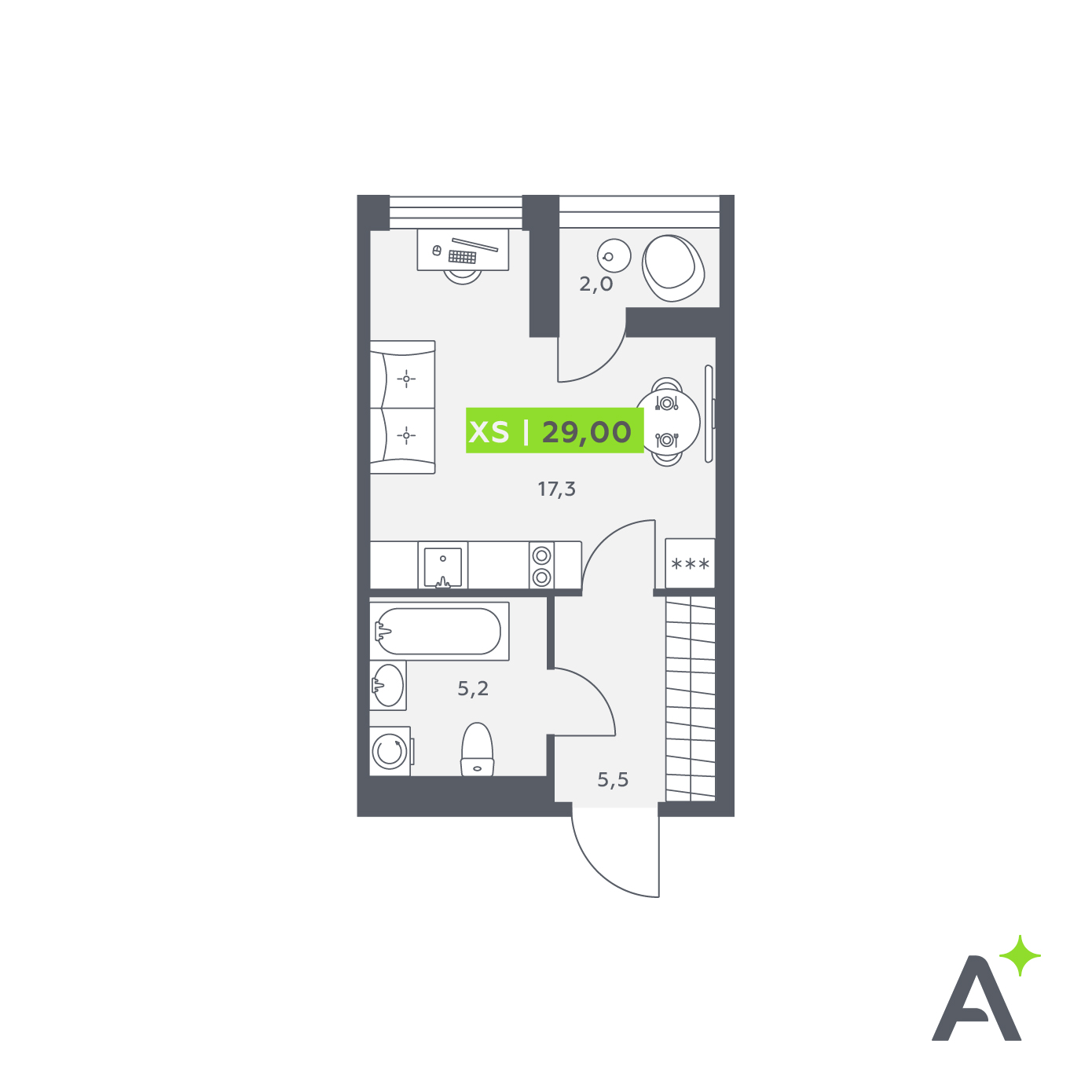 студия, 29 м², 1 этаж 