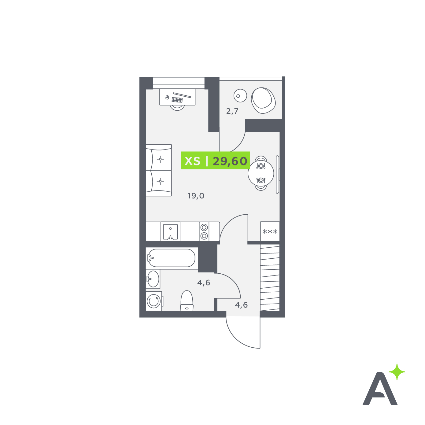 студия, 29.6 м², 3 этаж 