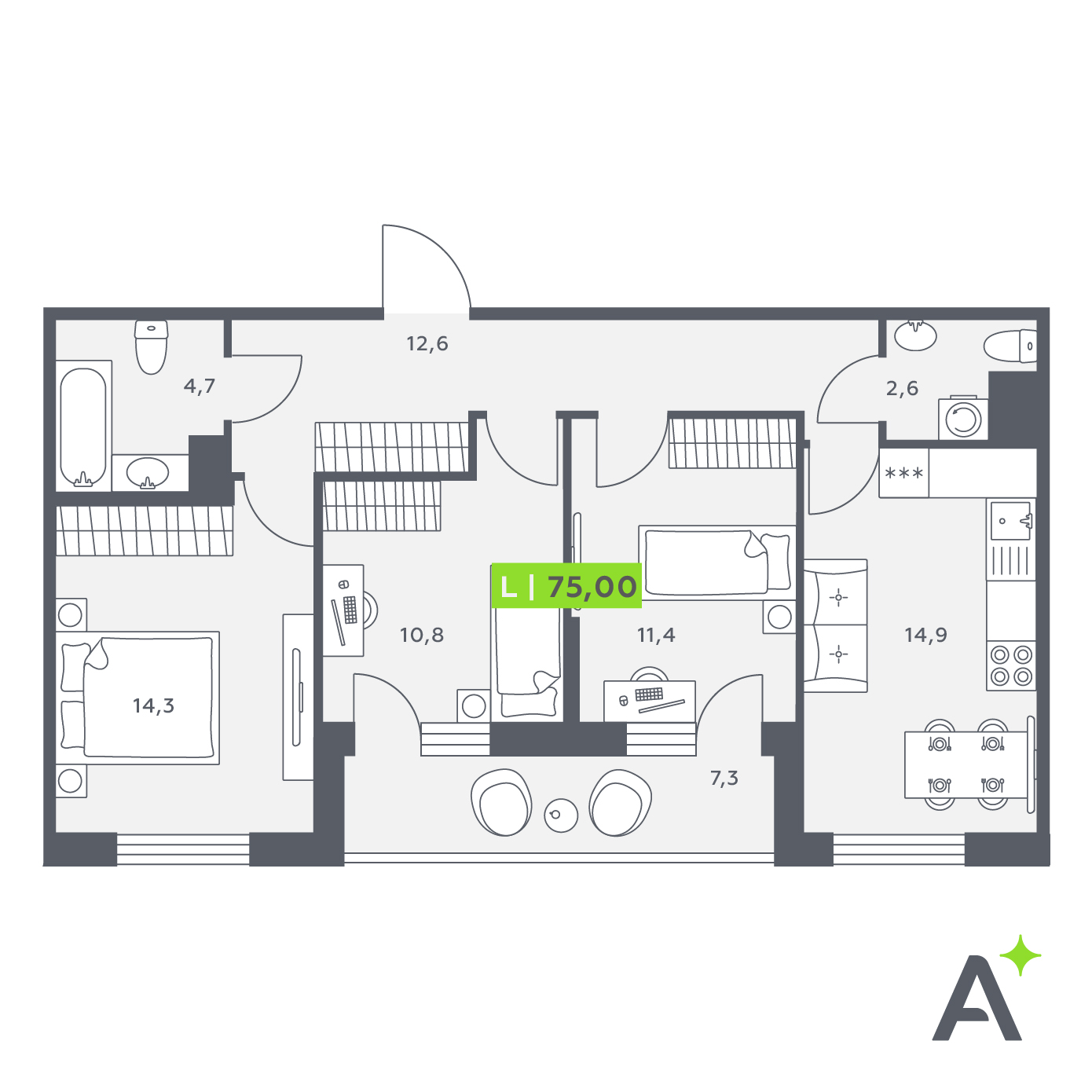 4 комн. квартира, 75 м², 2 этаж 