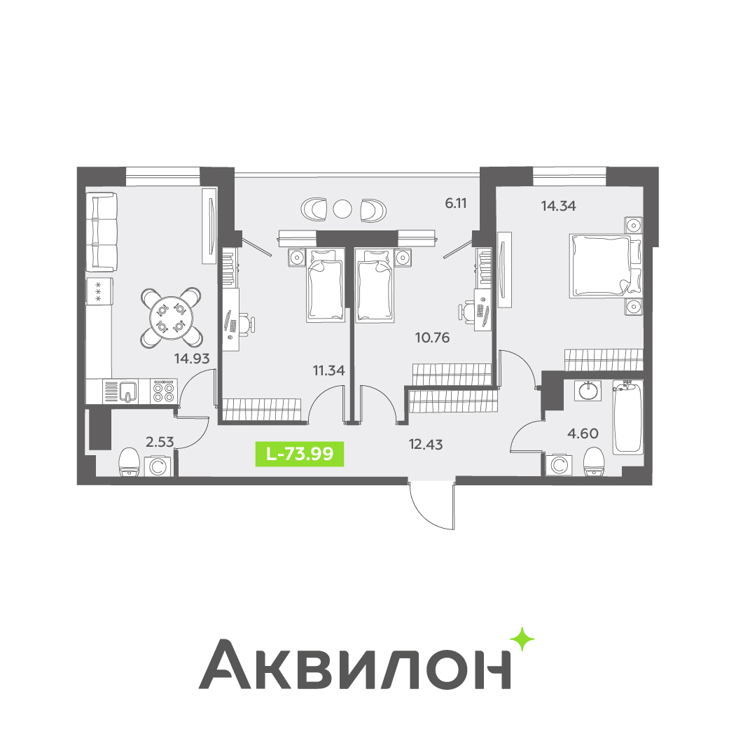 4 комн. квартира, 74.5 м², 12 этаж 