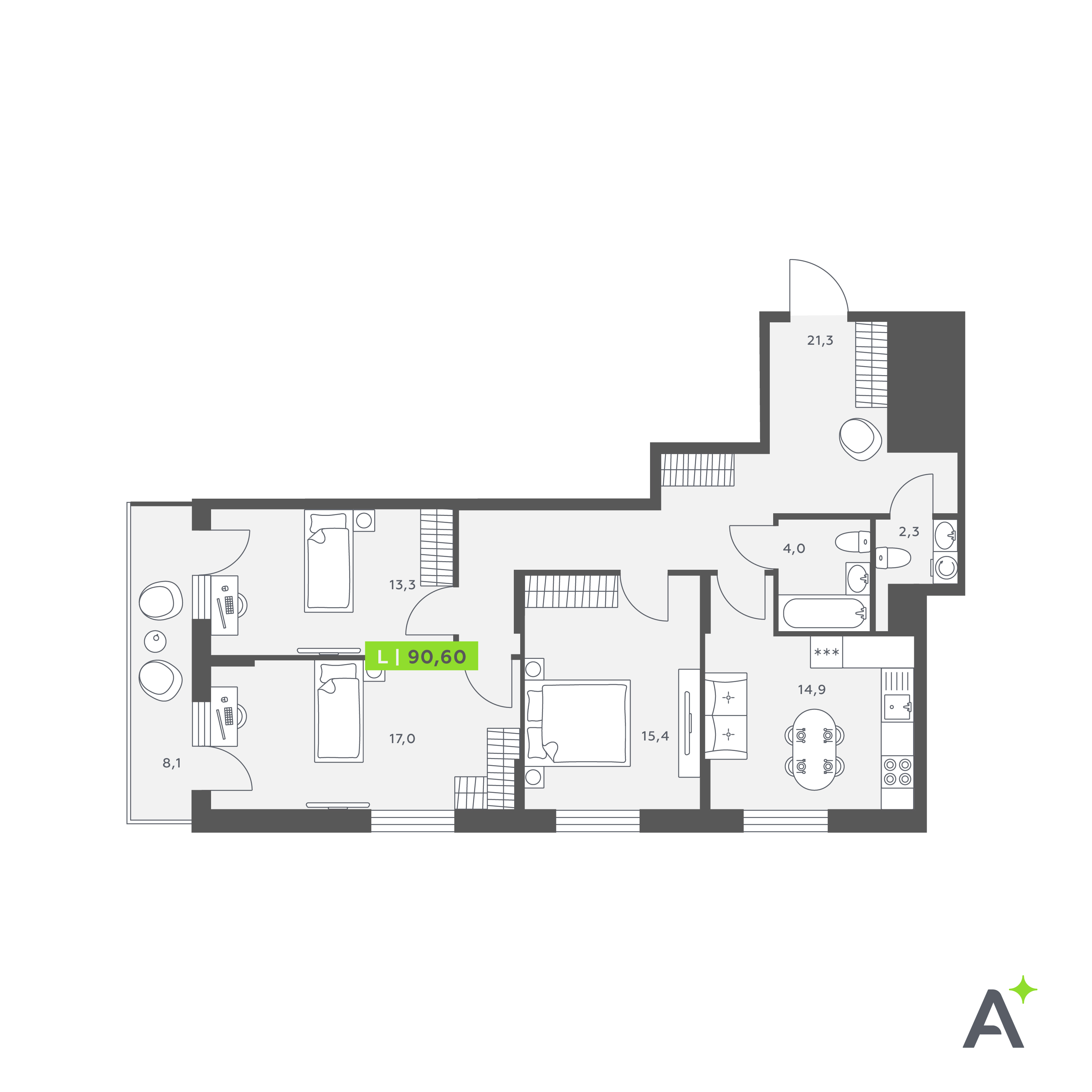4 комн. квартира, 90.6 м², 13 этаж 