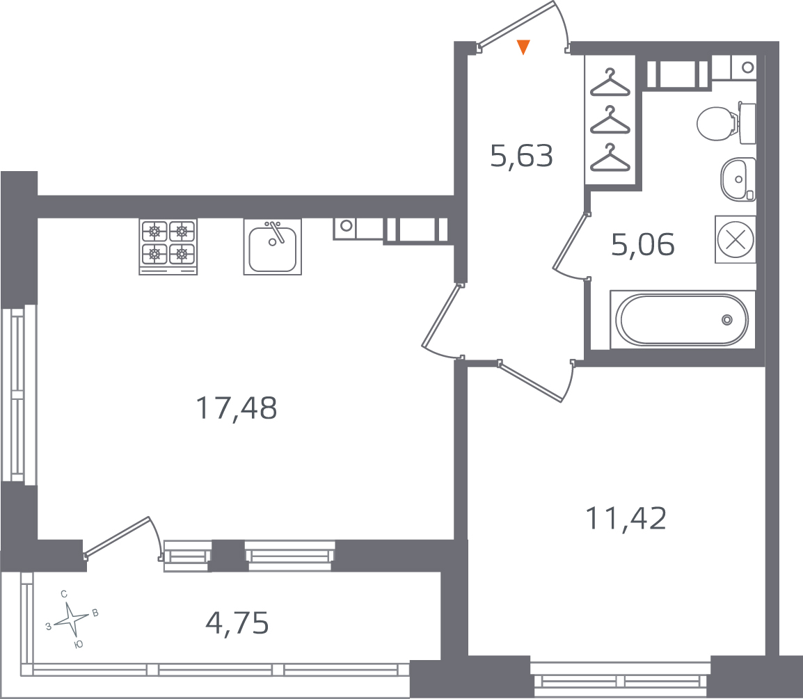 1 комн. квартира, 39.6 м², 3 этаж 