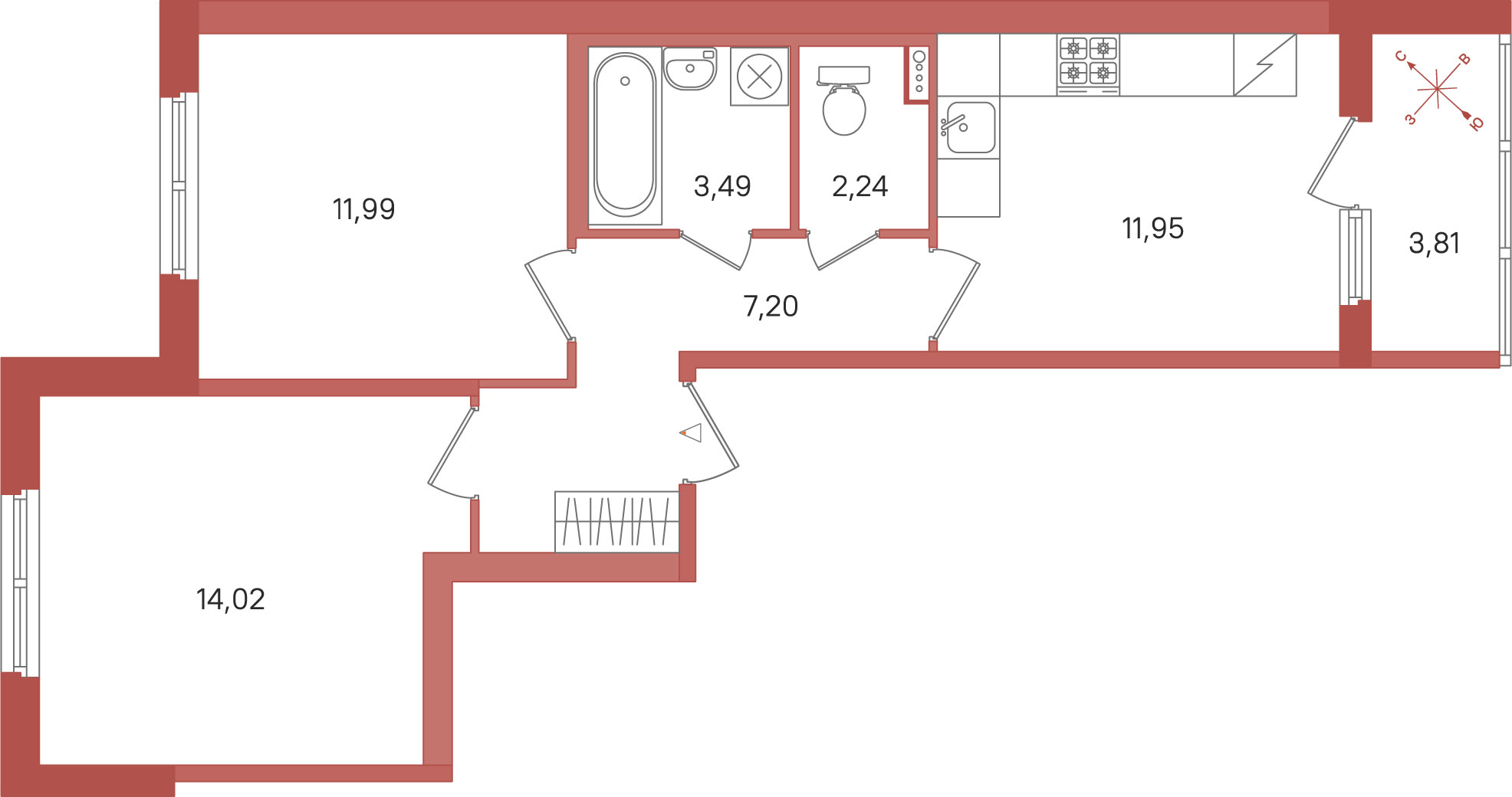 2 комн. квартира, 50.9 м², 1 этаж 