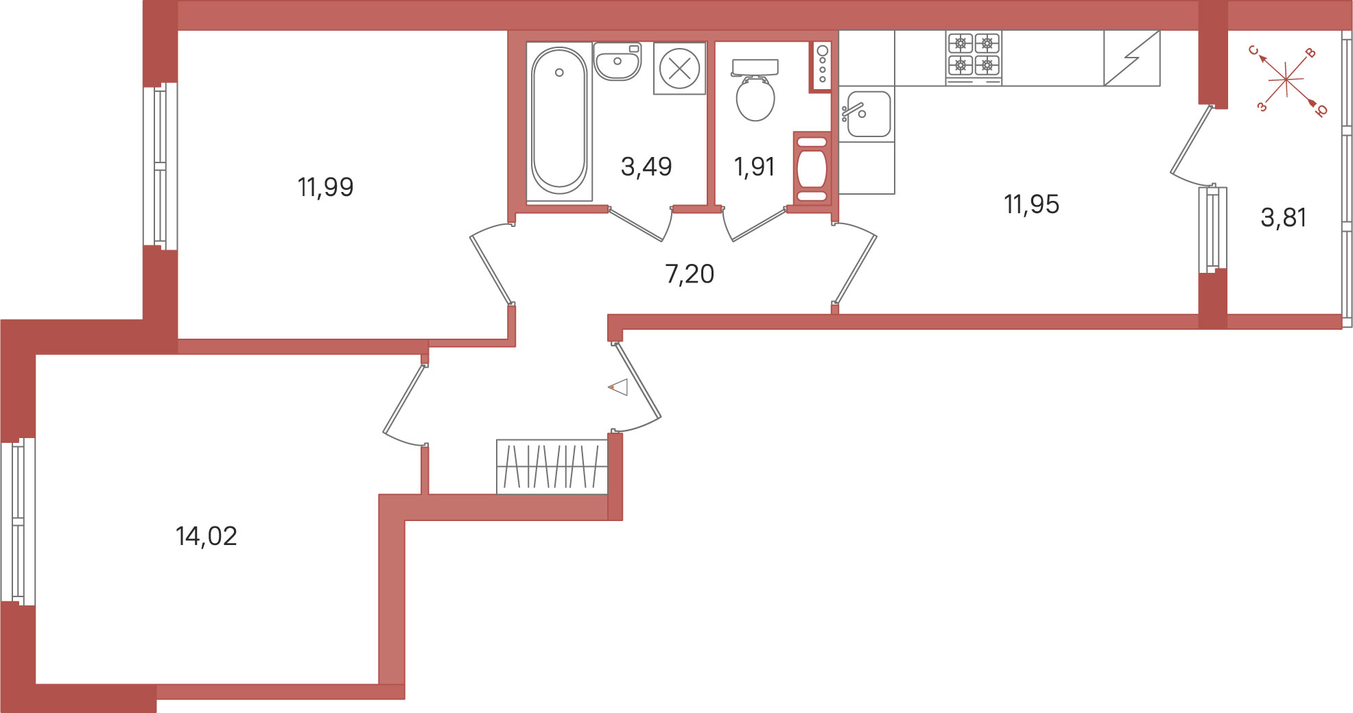 2 комн. квартира, 50.6 м², 3 этаж 