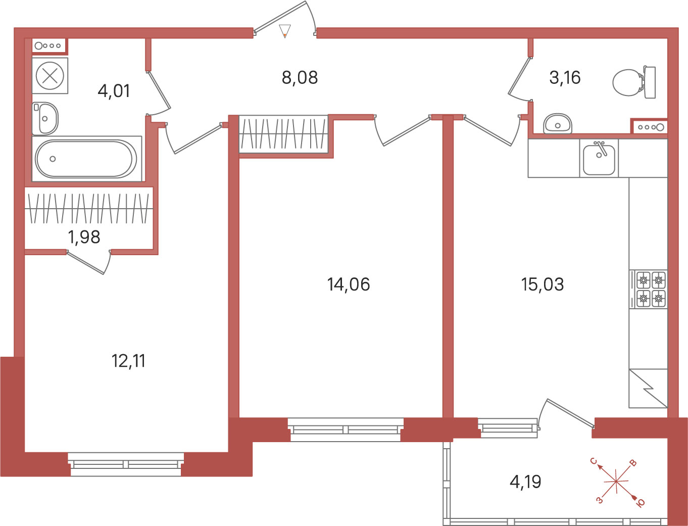 2 комн. квартира, 58.4 м², 1 этаж 