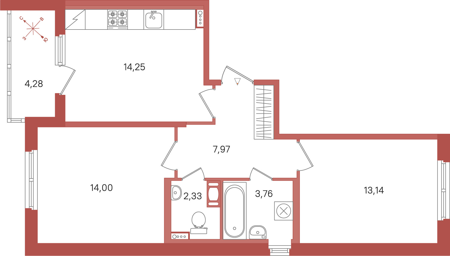 2 комн. квартира, 55.5 м², 4 этаж 