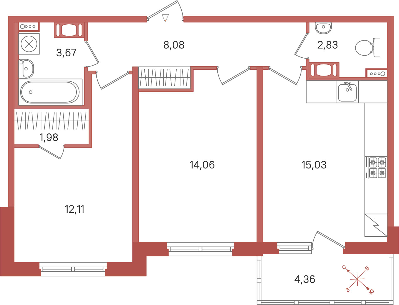 2 комн. квартира, 57.8 м², 2 этаж 