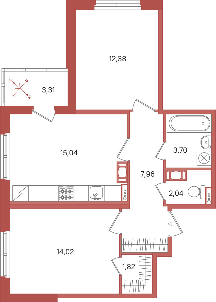2 комн. квартира, 57 м², 2 этаж 