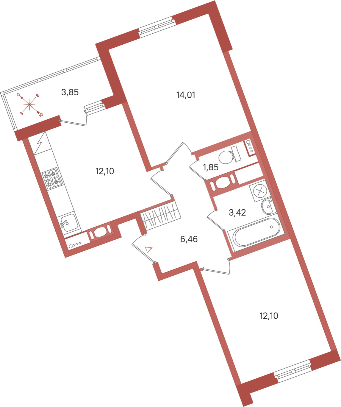 2 комн. квартира, 49.9 м², 2 этаж 
