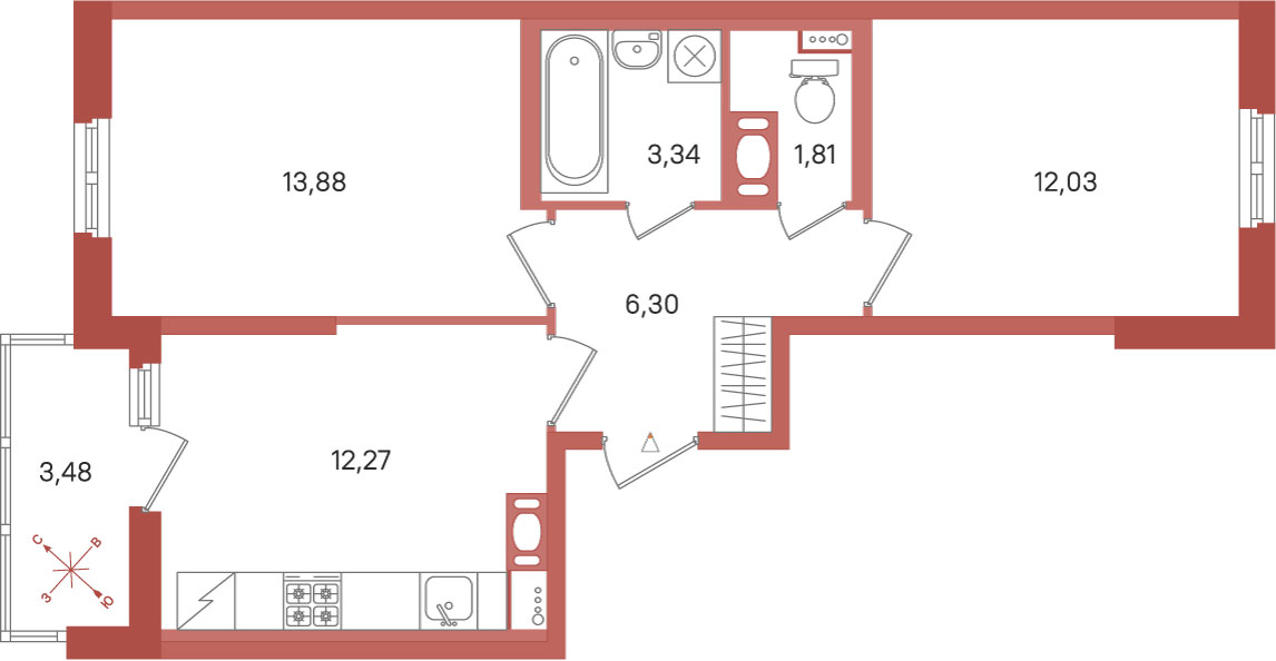 2 комн. квартира, 49.6 м², 2 этаж 