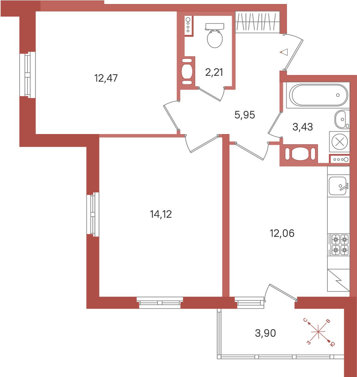2 комн. квартира, 50.2 м², 6 этаж 