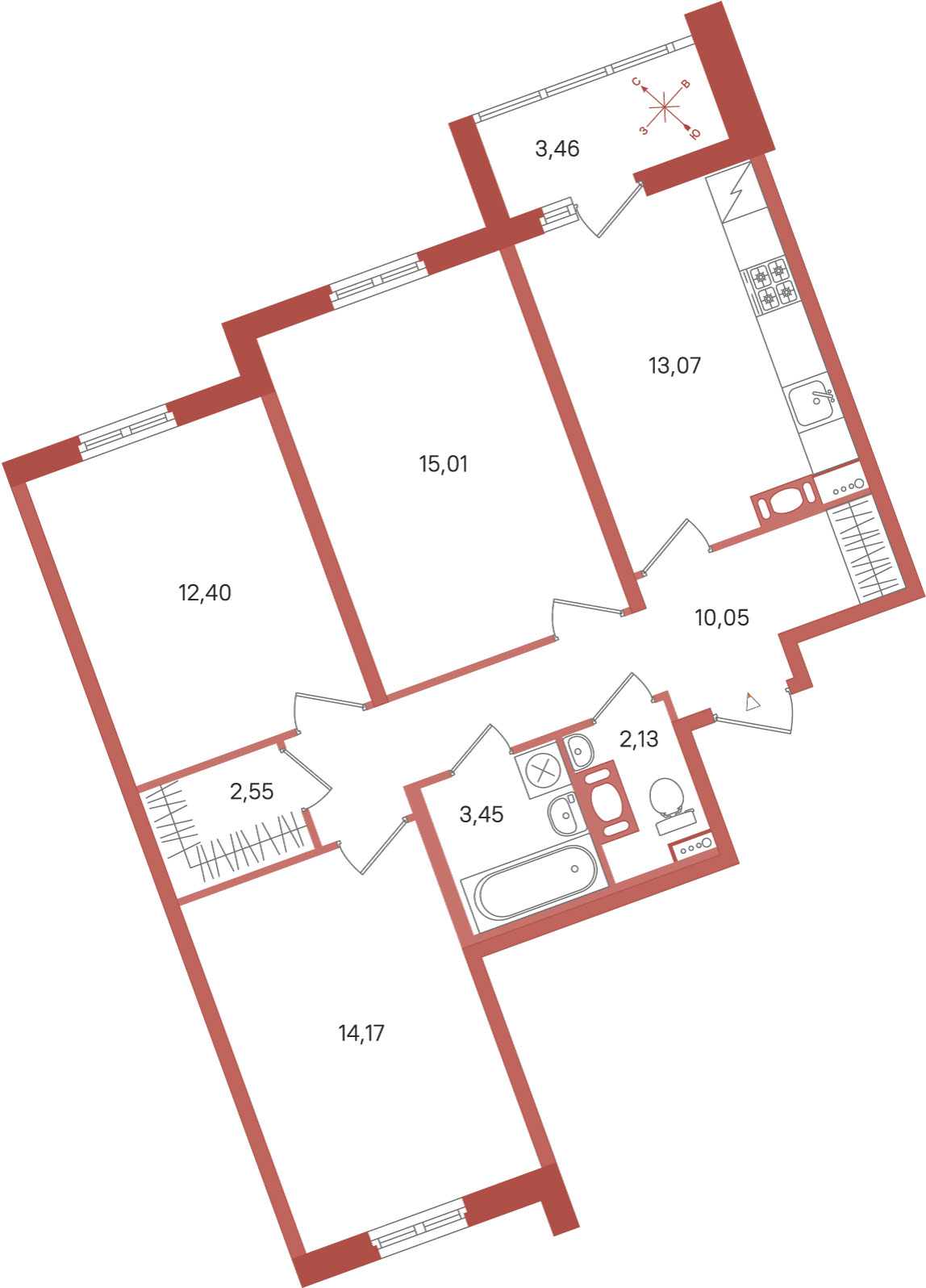 3 комн. квартира, 72.8 м², 5 этаж 