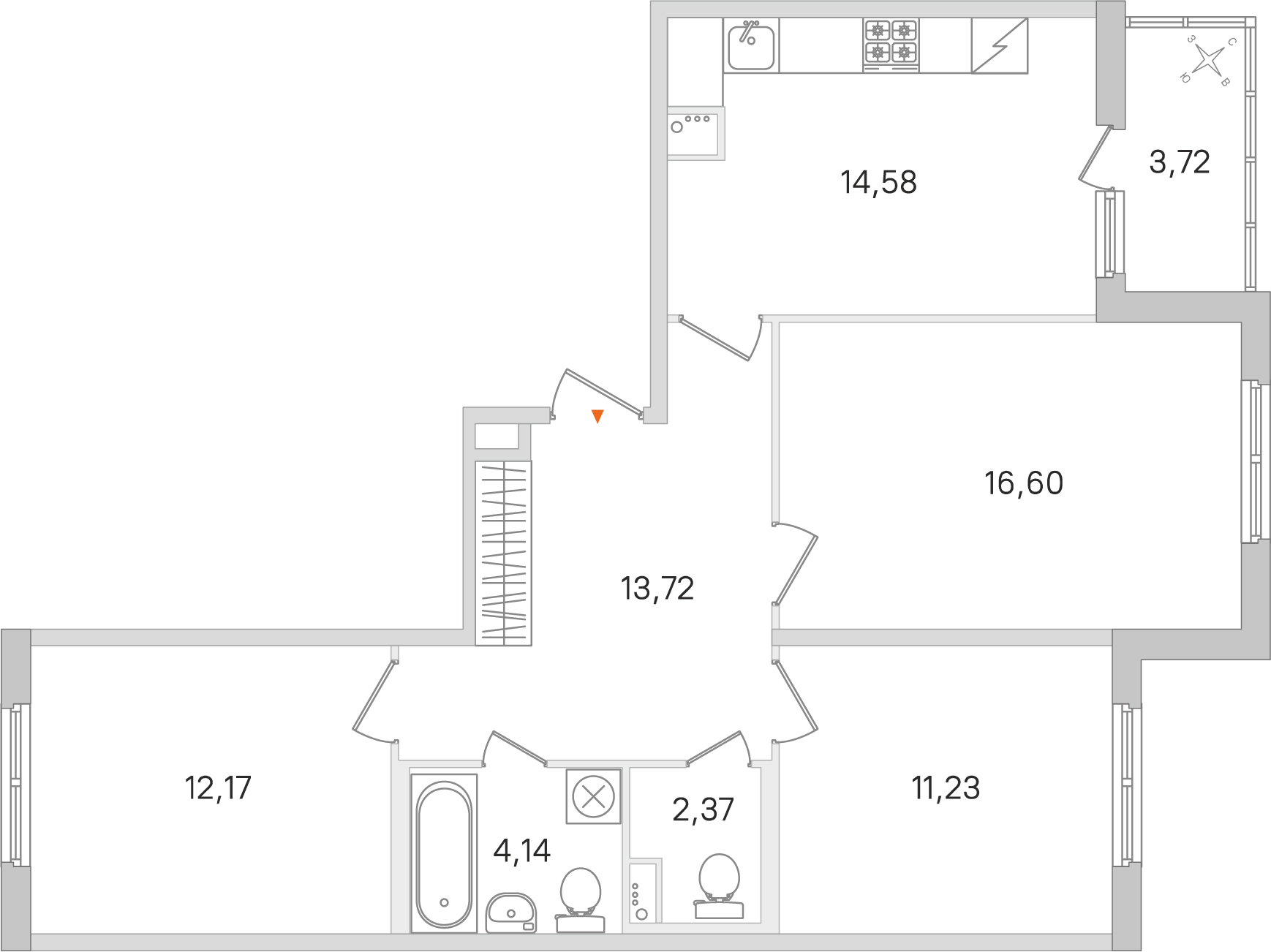 3 комн. квартира, 74.8 м², 2 этаж 