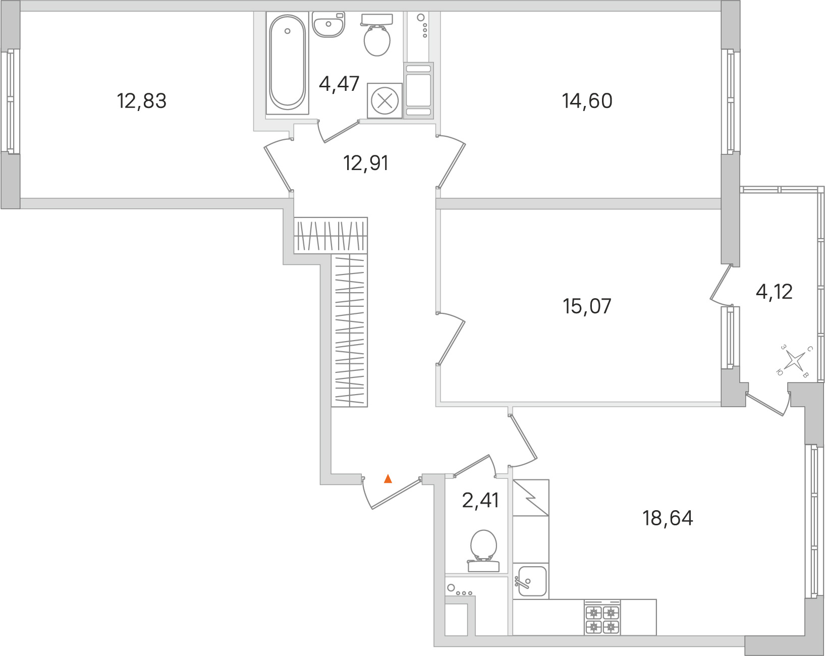 3 комн. квартира, 80.9 м², 2 этаж 