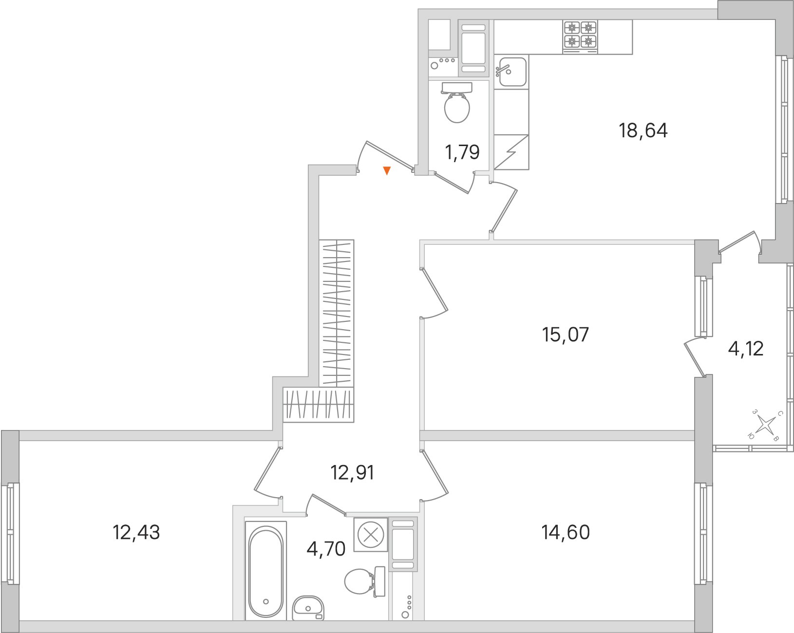 3 комн. квартира, 80.1 м², 6 этаж 