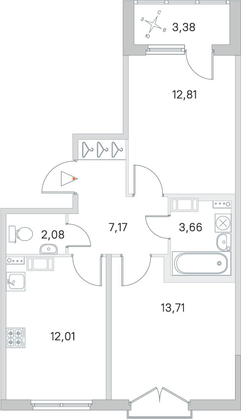 2 комн. квартира, 51.4 м², 4 этаж 