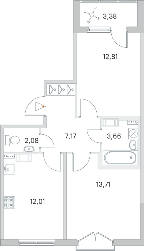 2 комн. квартира, 51.4 м², 3 этаж 