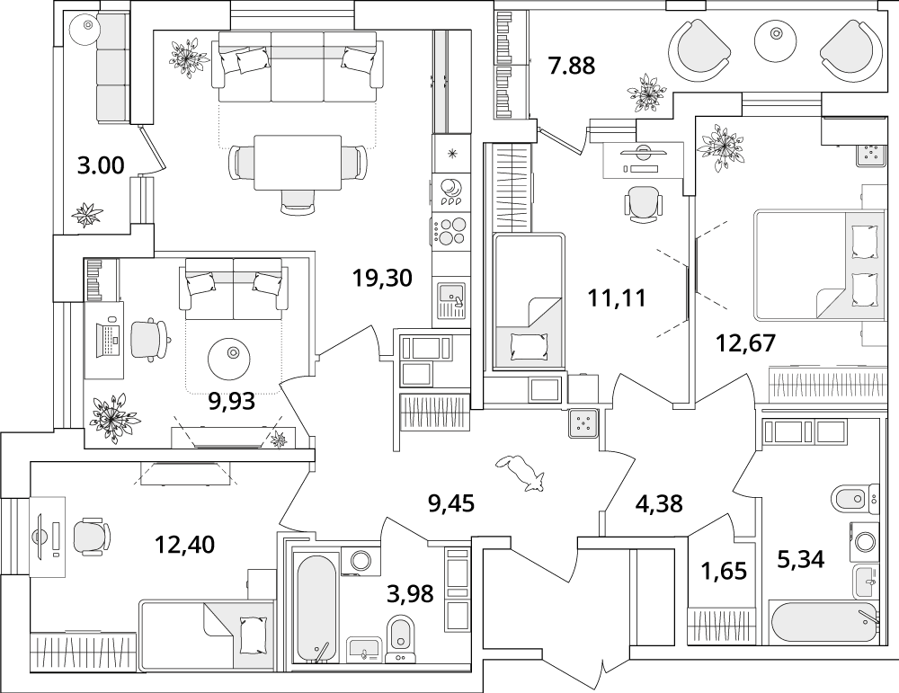 4 комн. квартира, 95.3 м², 13 этаж 