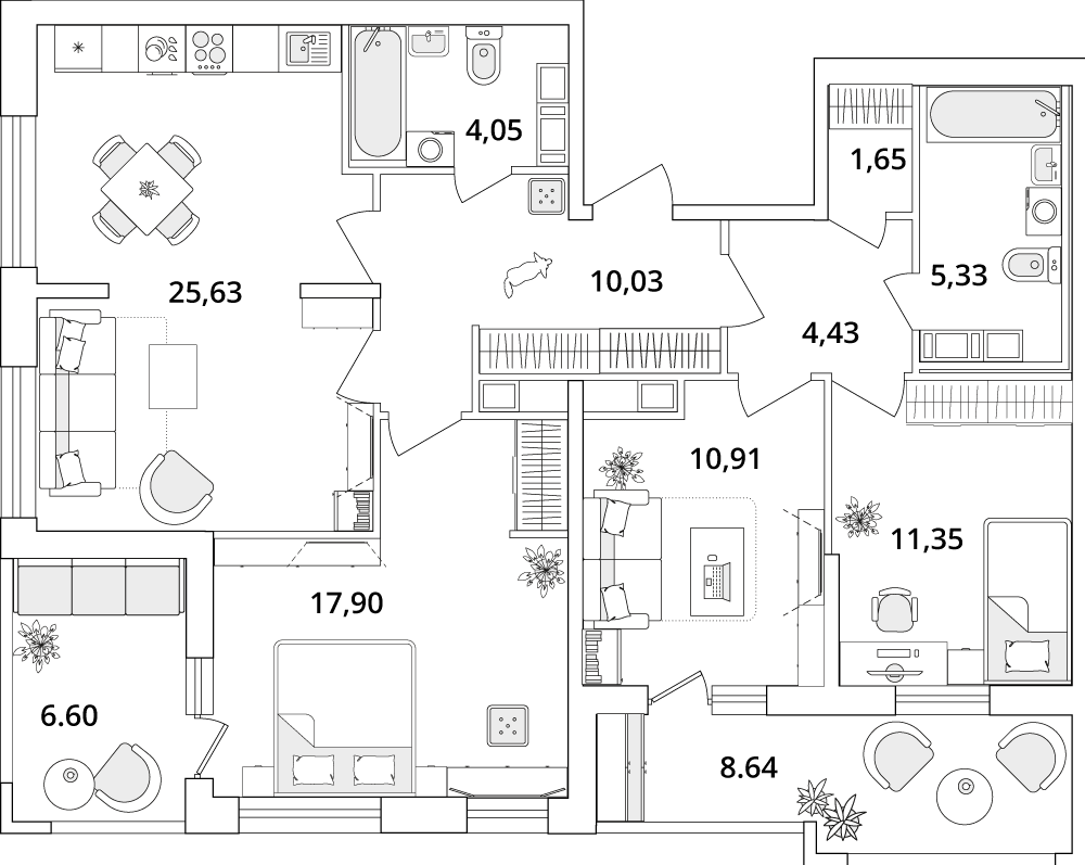 3 комн. квартира, 99.1 м², 15 этаж 