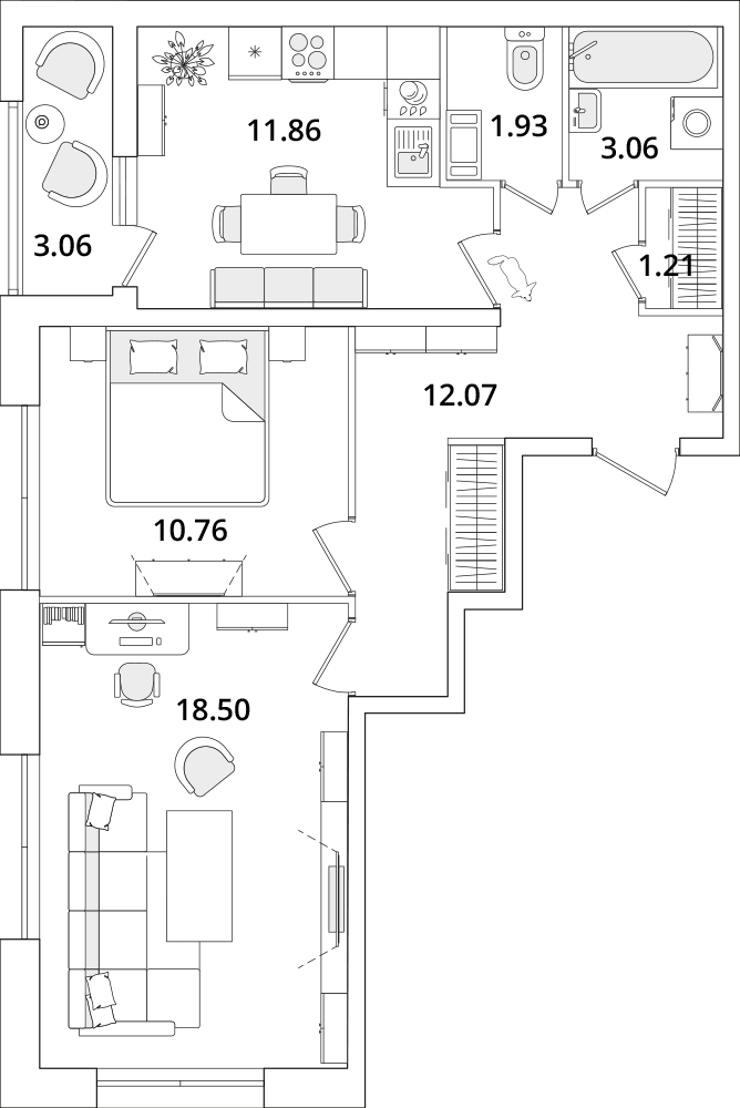 2 комн. квартира, 60.4 м², 7 этаж 