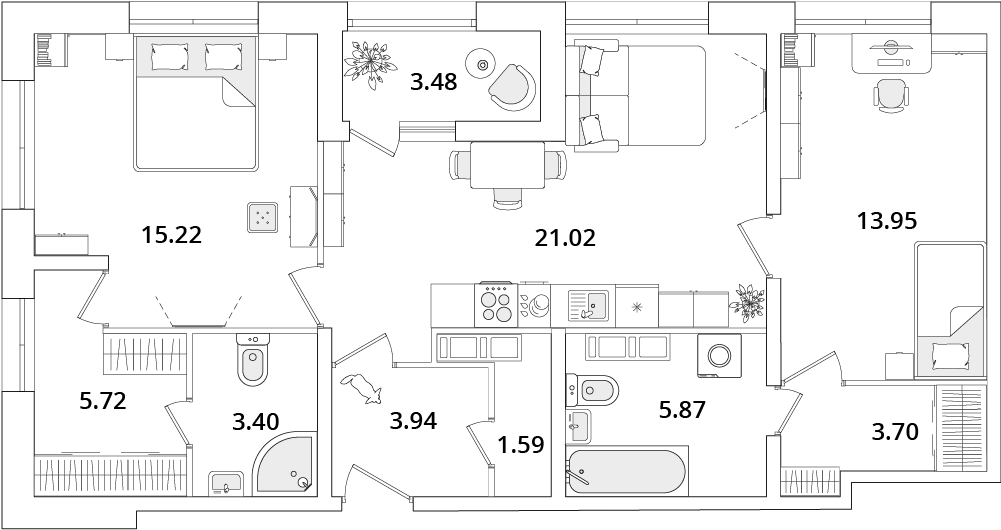 2 комн. квартира, 75.7 м², 21 этаж 