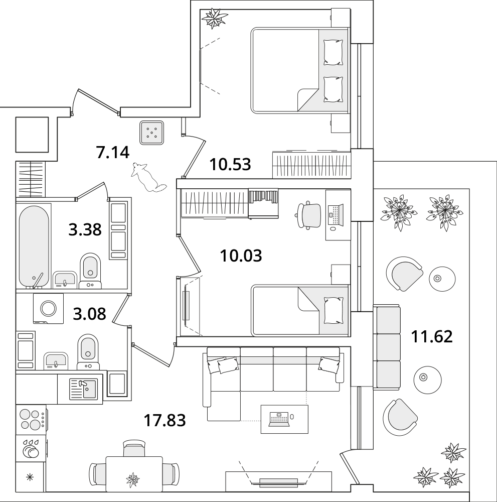2 комн. квартира, 55.4 м², 16 этаж 