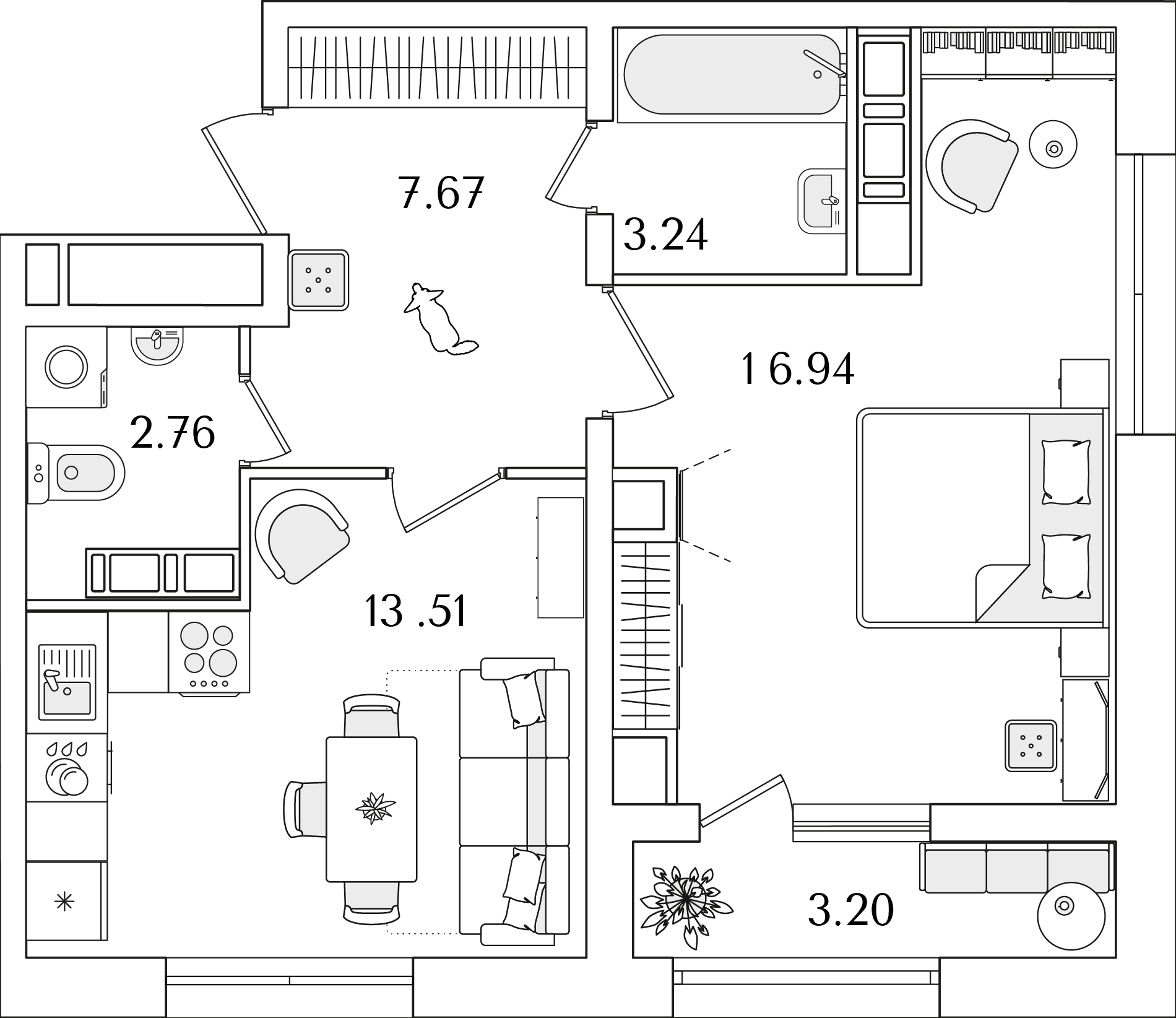 1 комн. квартира, 45.7 м², 19 этаж 