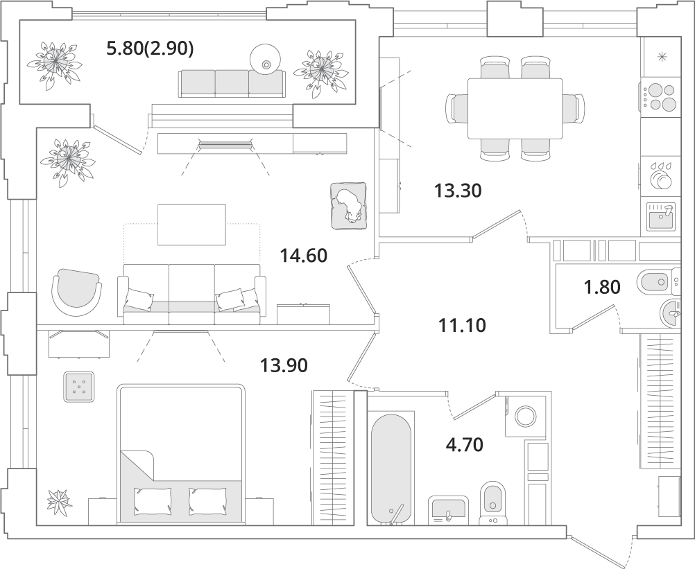 2 комн. квартира, 62.1 м², 10 этаж 