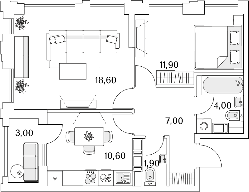 2 комн. квартира, 55.4 м², 3 этаж 