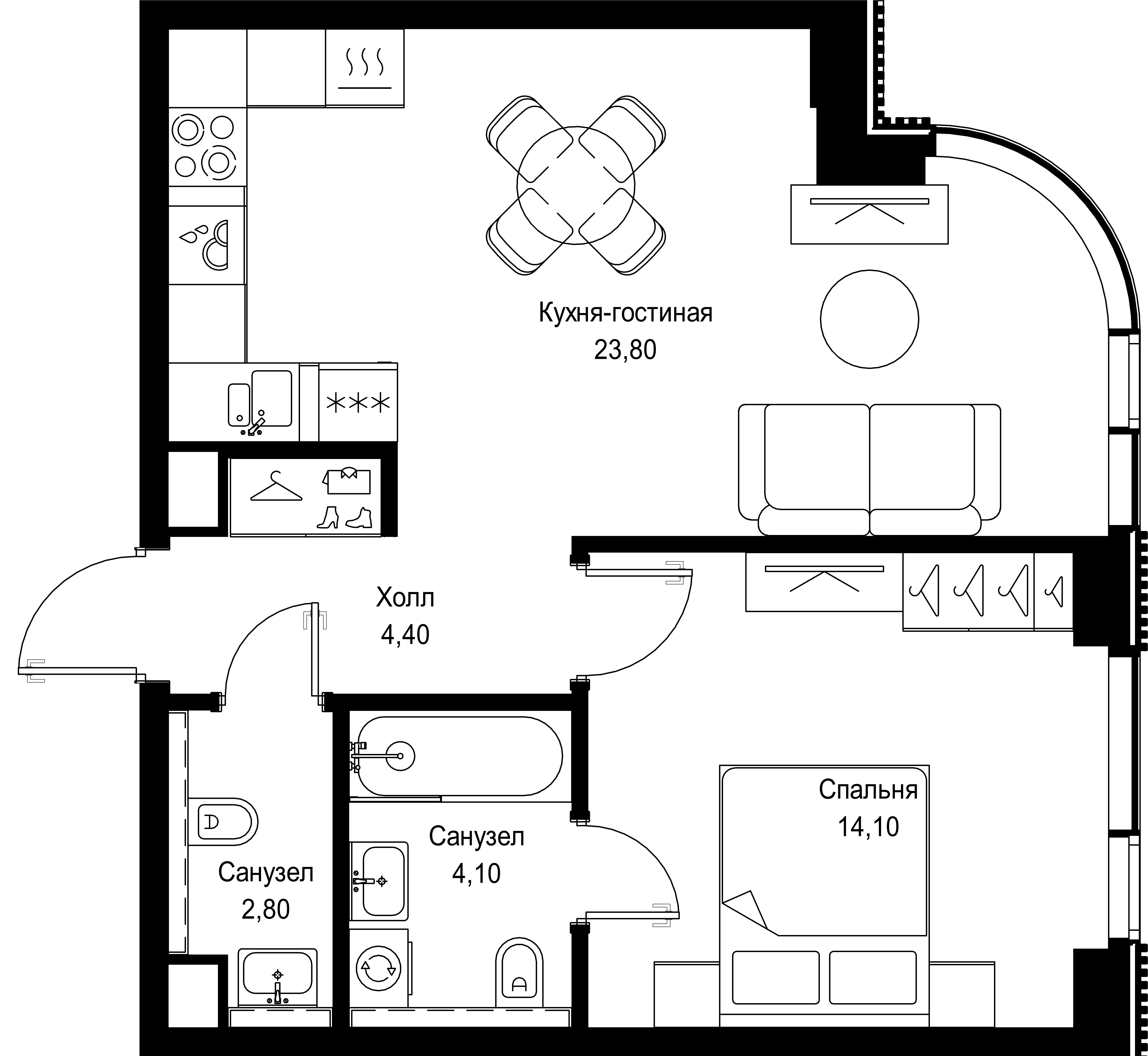 1 комн. квартира, 49.2 м², 25 этаж 