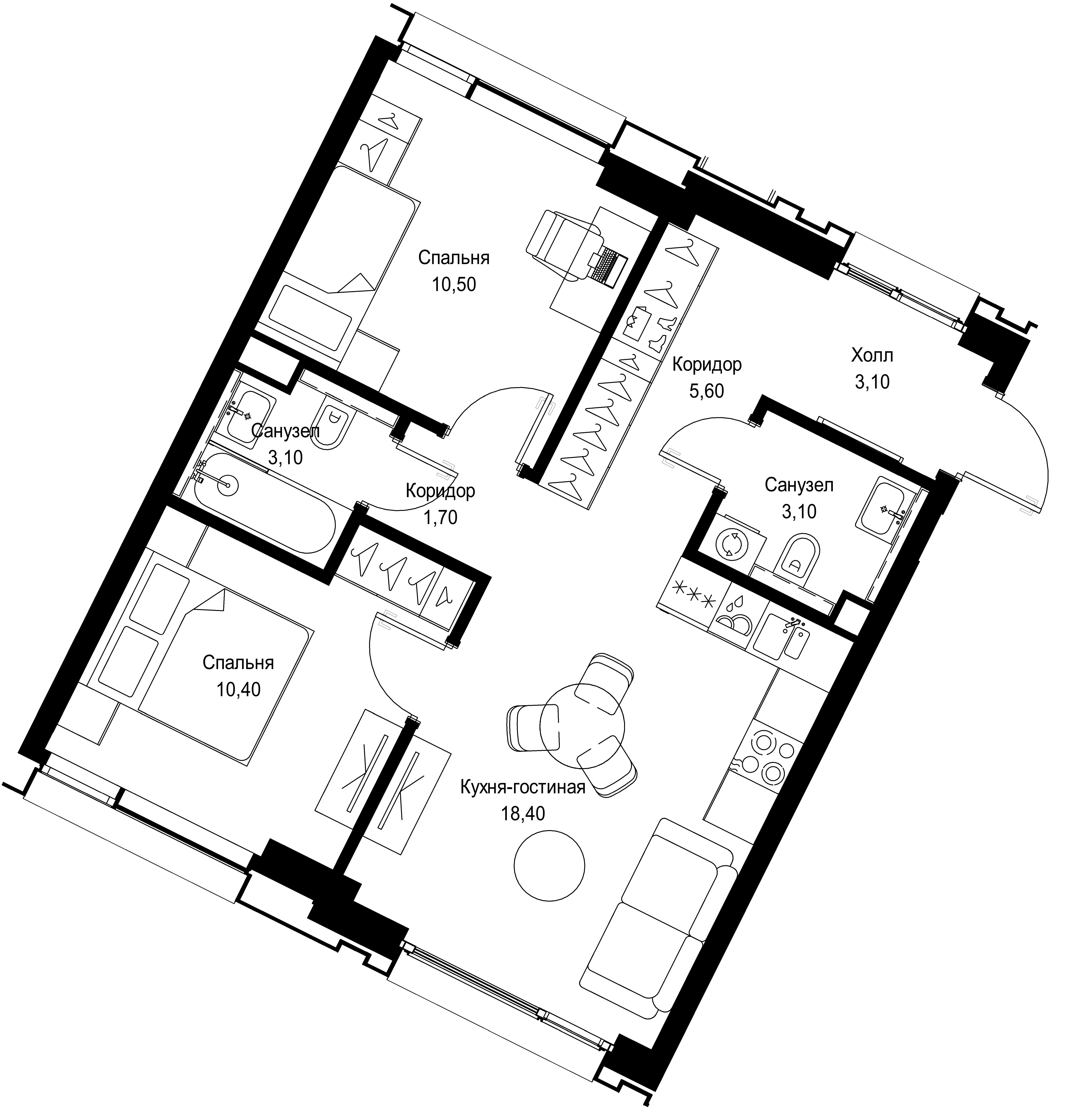 2 комн. квартира, 55.9 м², 2 этаж 