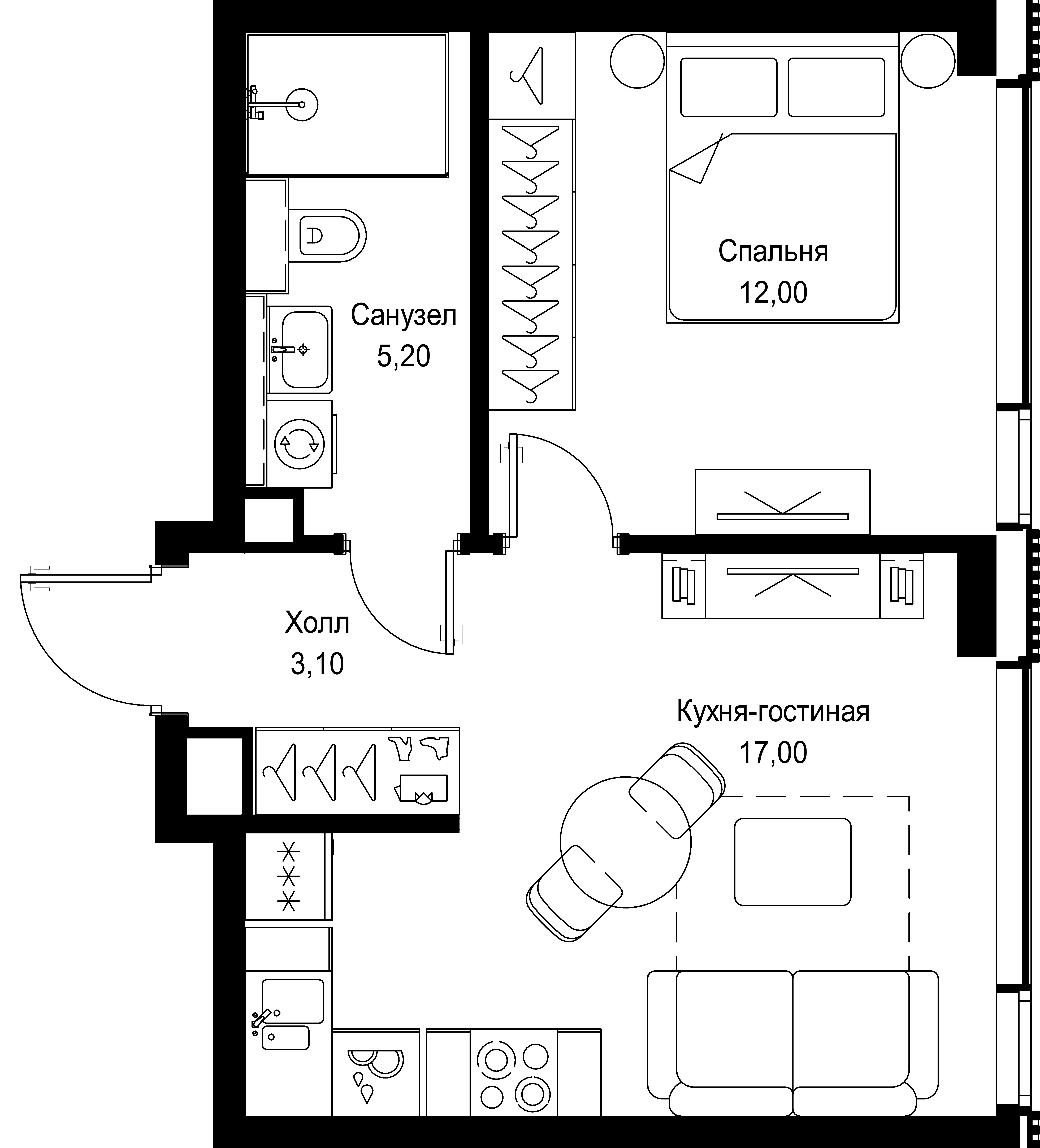 1 комн. квартира, 37.3 м², 28 этаж 
