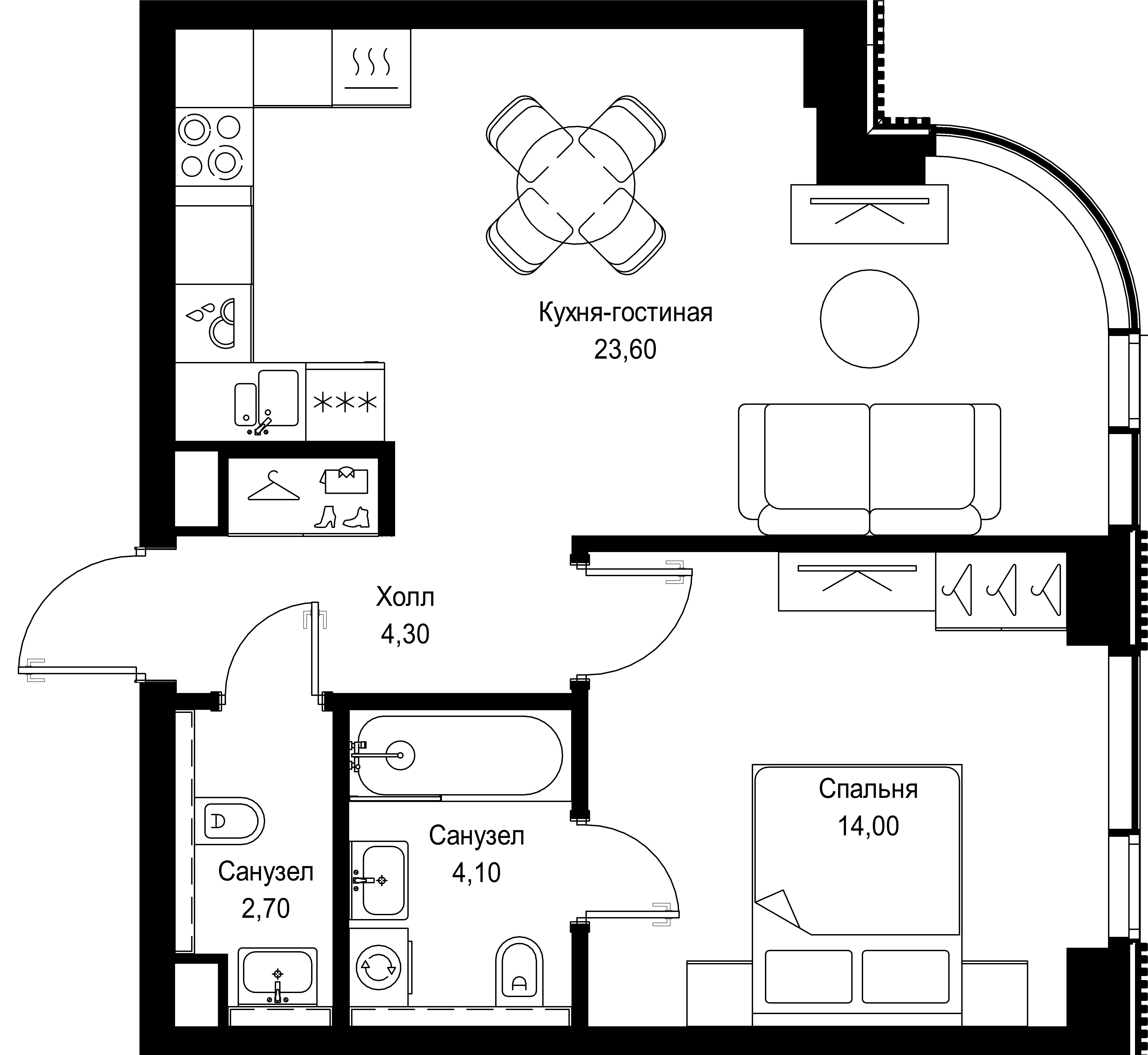 1 комн. квартира, 48.7 м², 10 этаж 
