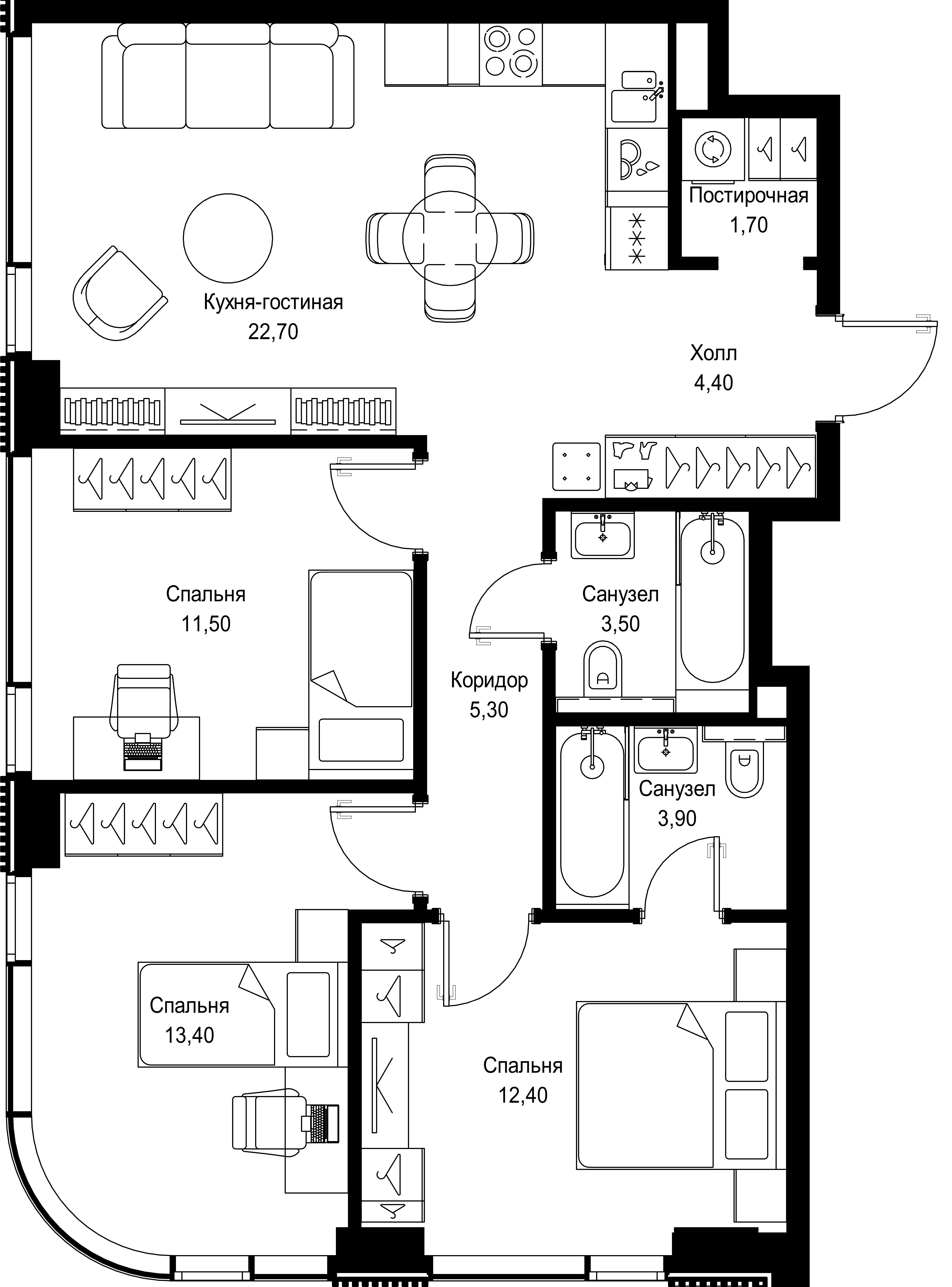 3 комн. квартира, 78.8 м², 23 этаж 