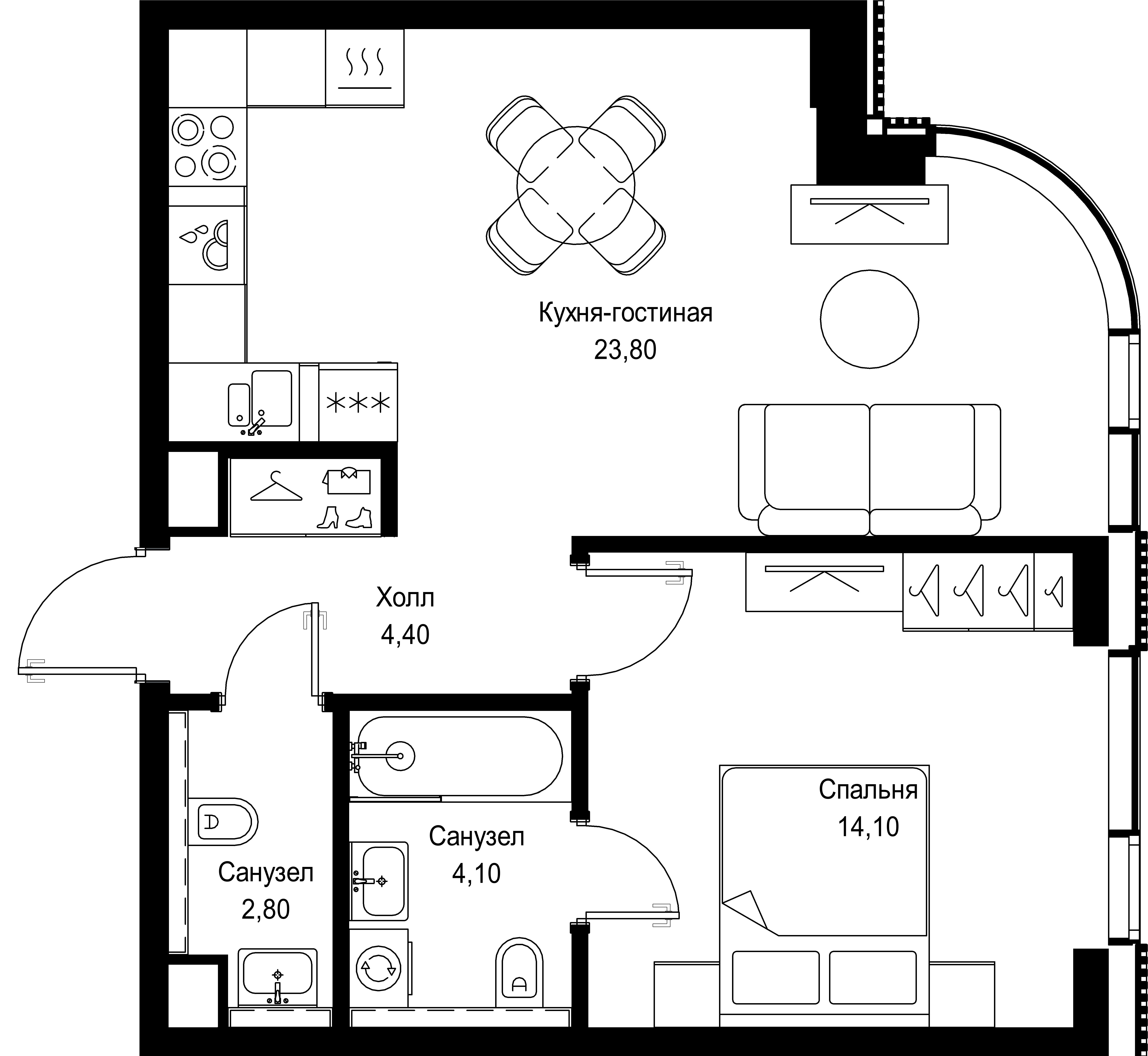 1 комн. квартира, 49.2 м², 30 этаж 