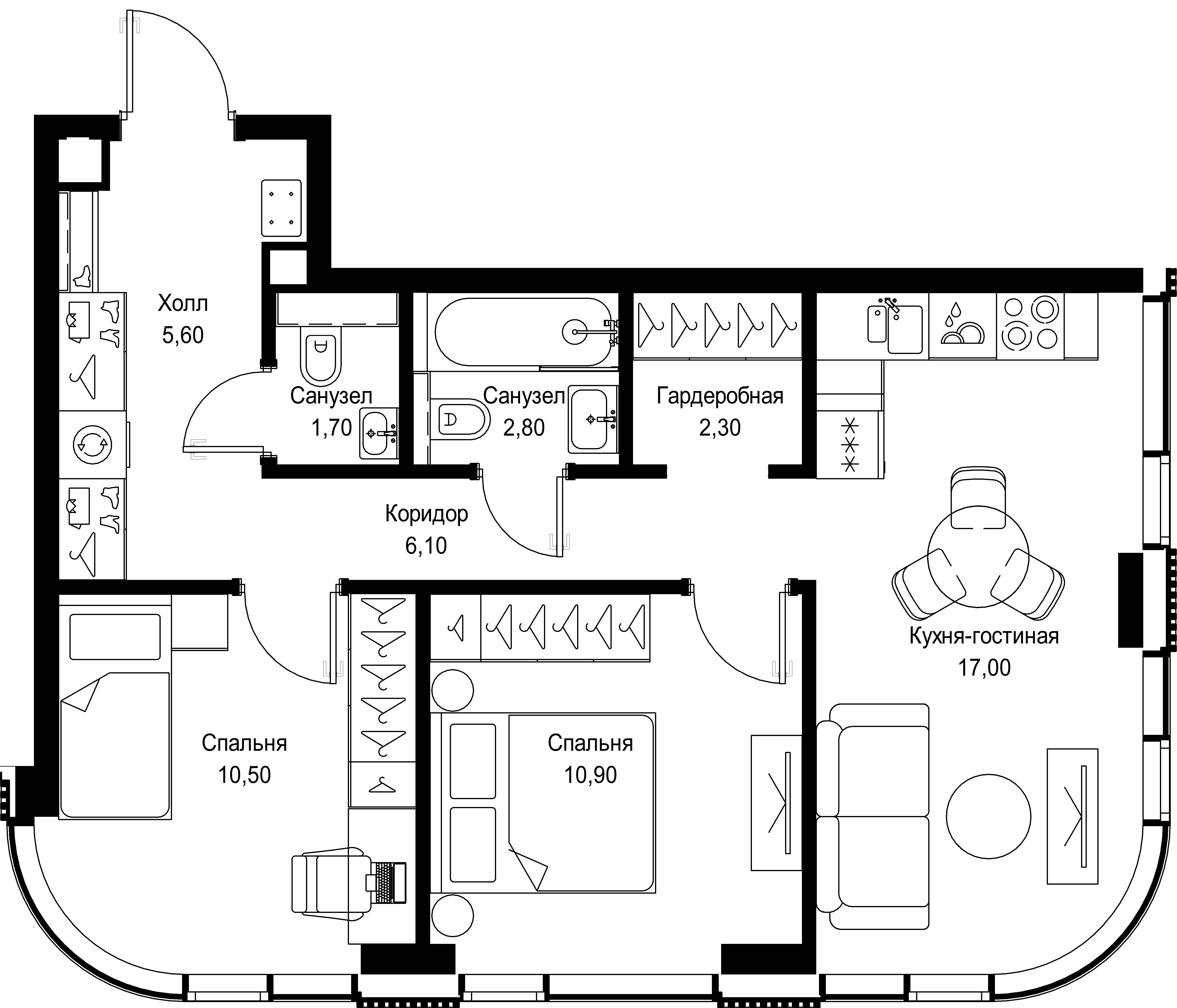 2 комн. квартира, 56.9 м², 29 этаж 