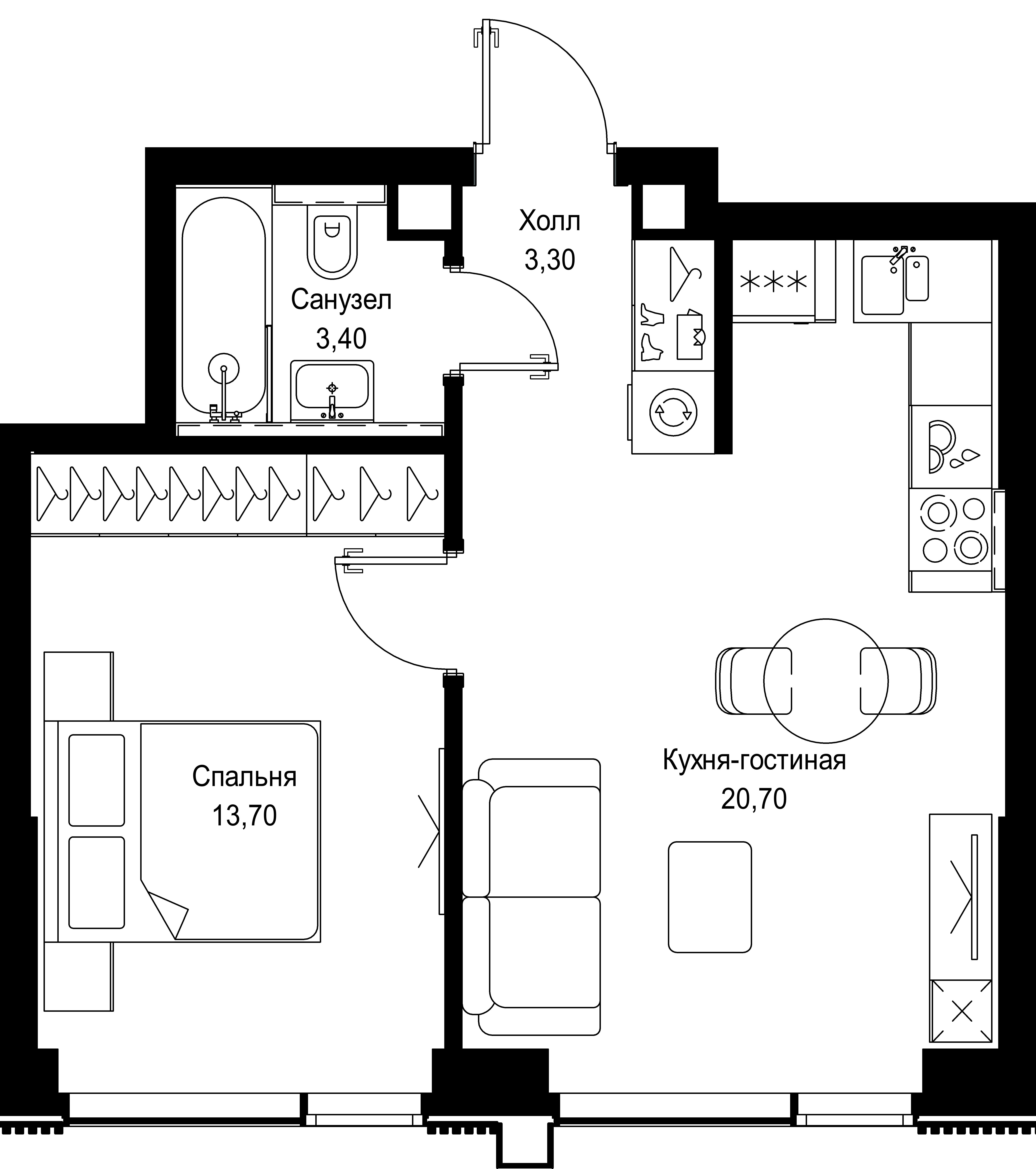 1 комн. квартира, 41.1 м², 16 этаж 