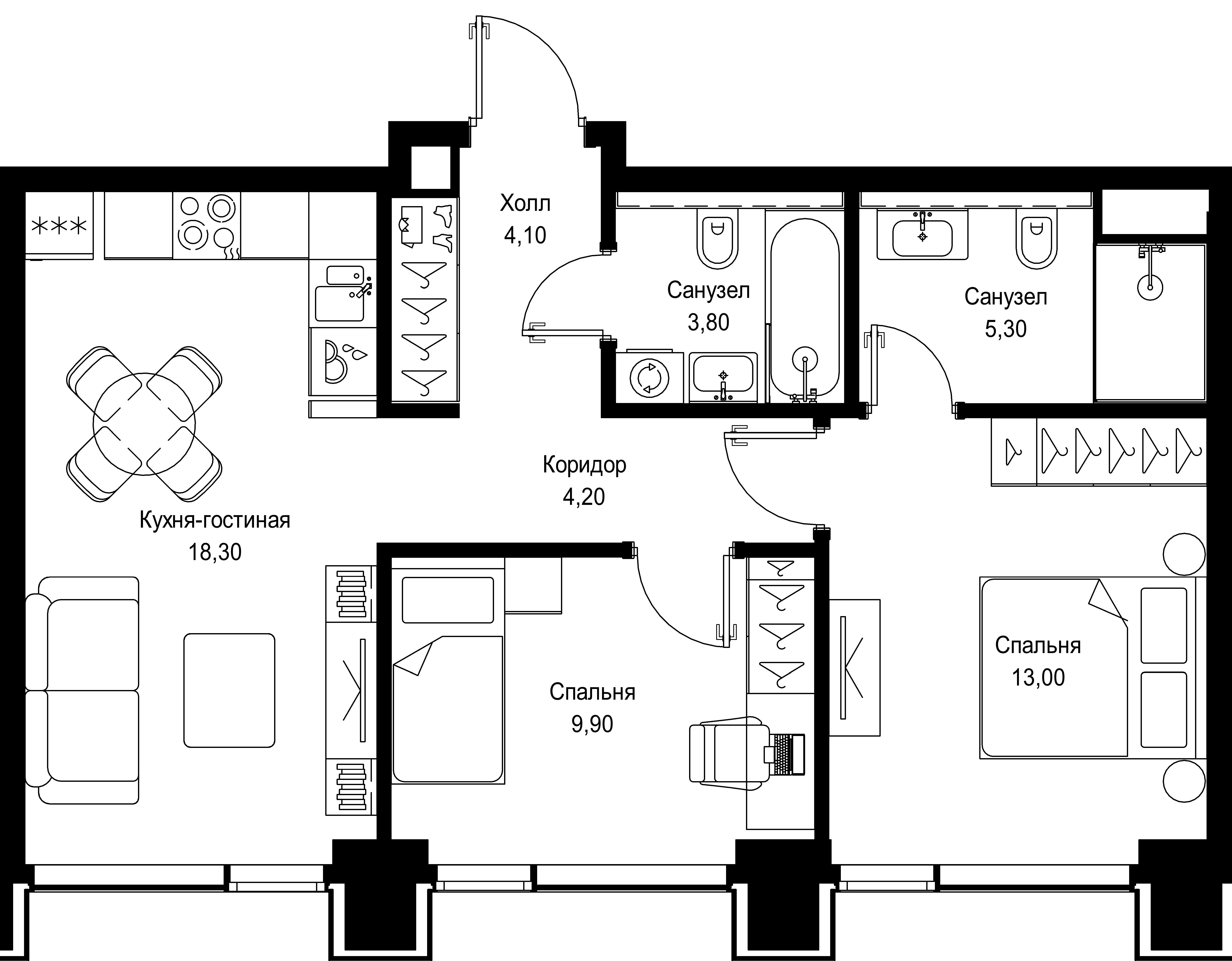 2 комн. квартира, 58.6 м², 33 этаж 