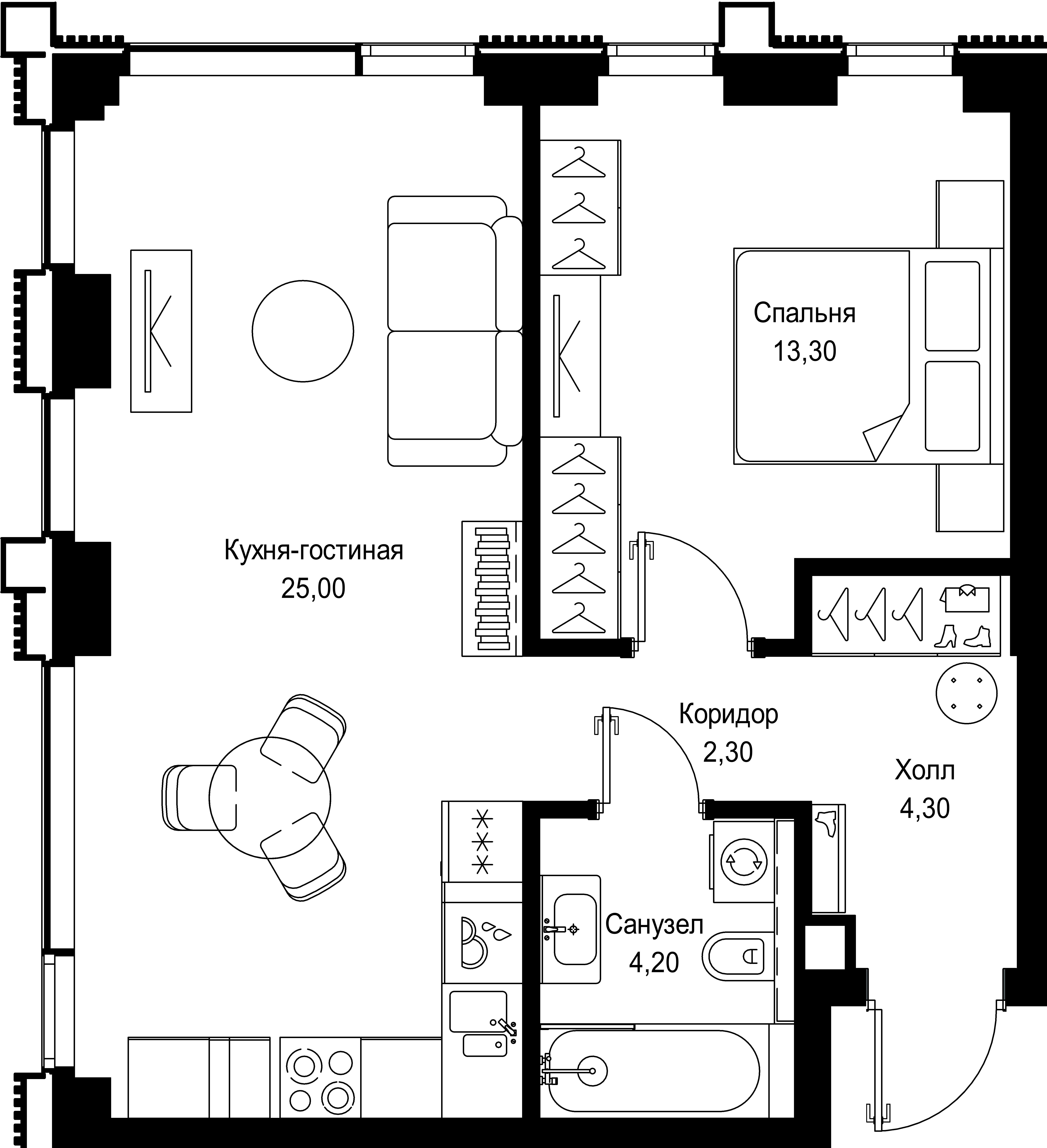 1 комн. квартира, 49.1 м², 26 этаж 