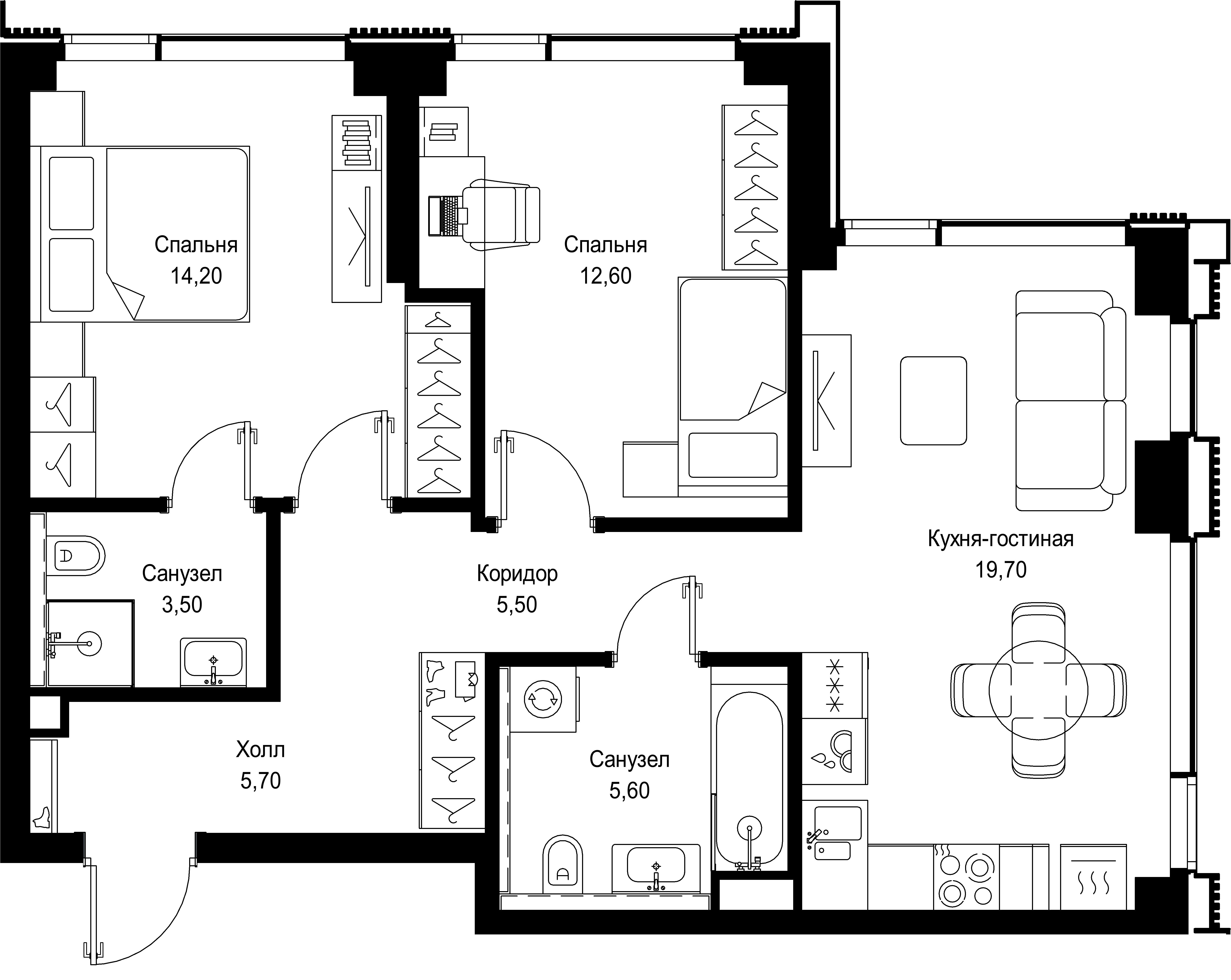 2 комн. квартира, 66.8 м², 16 этаж 