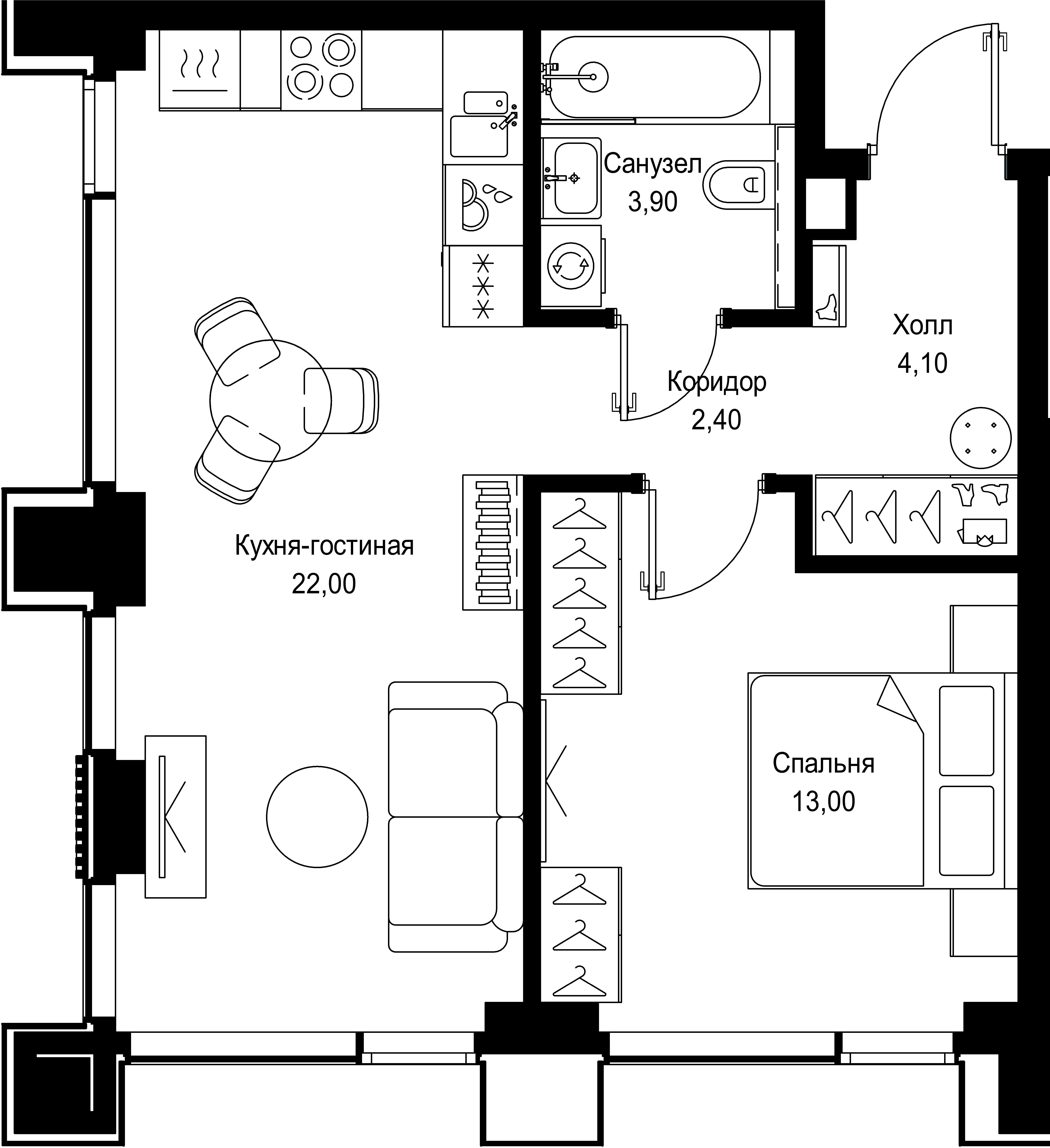 1 комн. квартира, 45.4 м², 32 этаж 