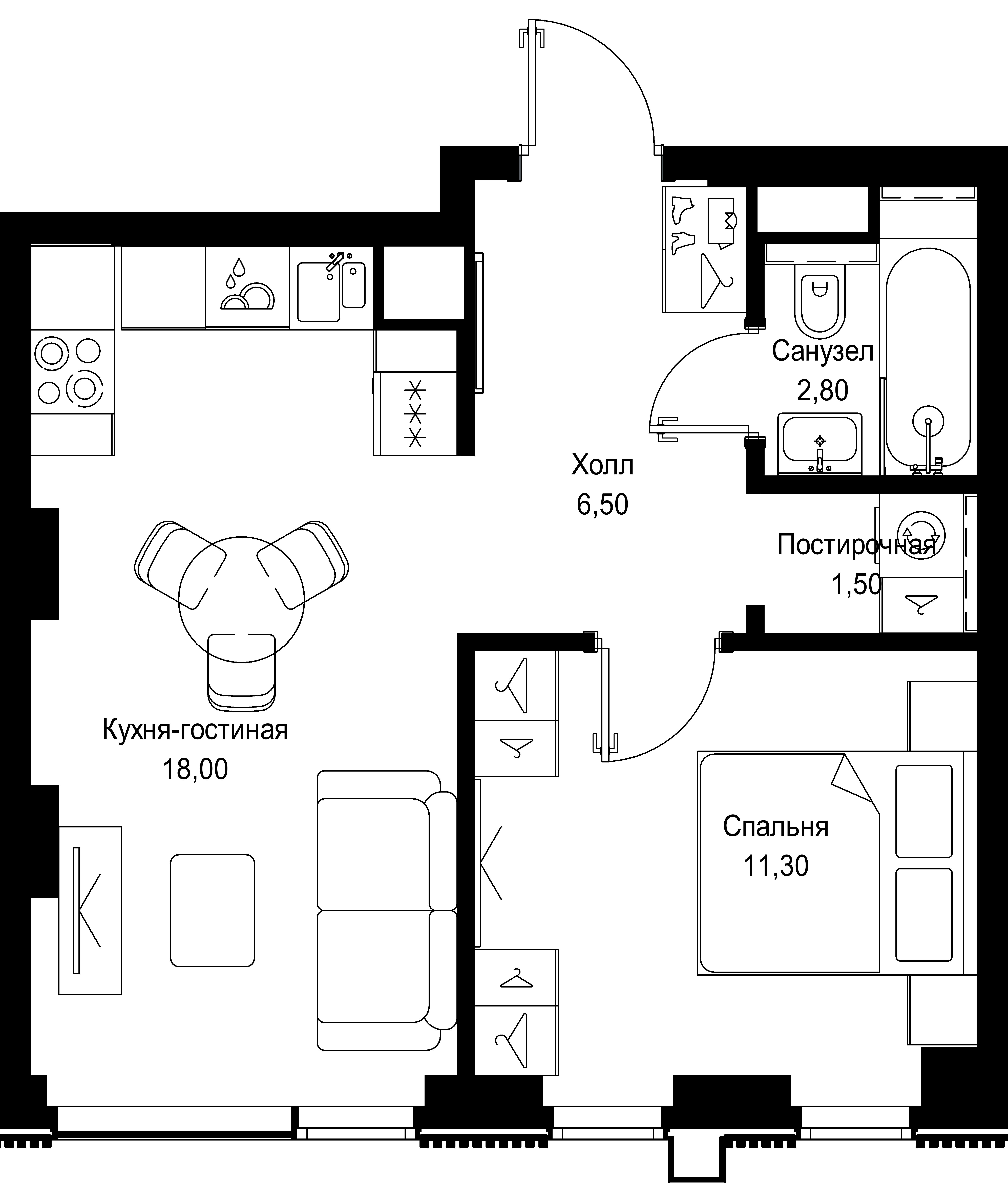 1 комн. квартира, 40.1 м², 2 этаж 