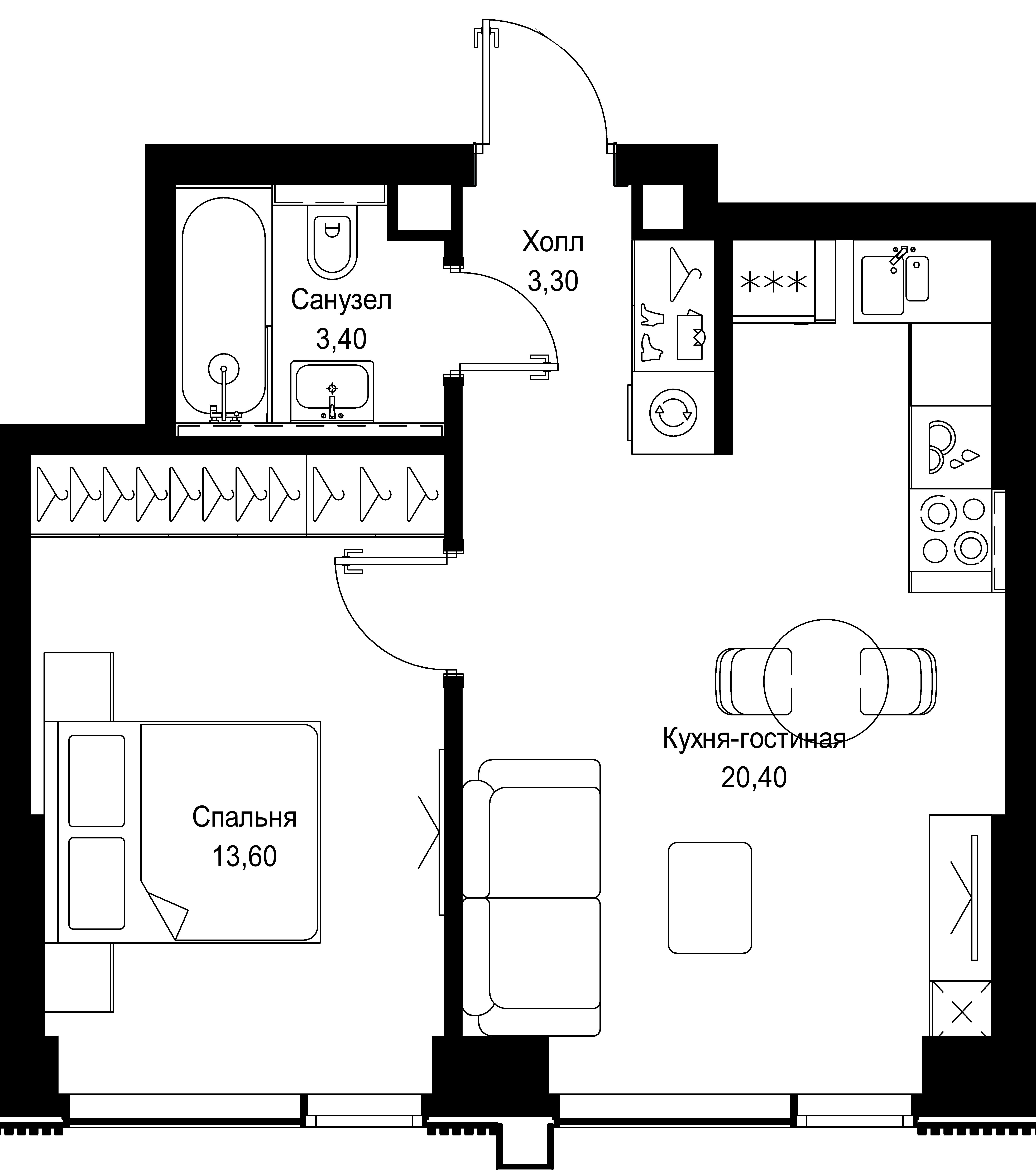 1 комн. квартира, 40.7 м², 4 этаж 