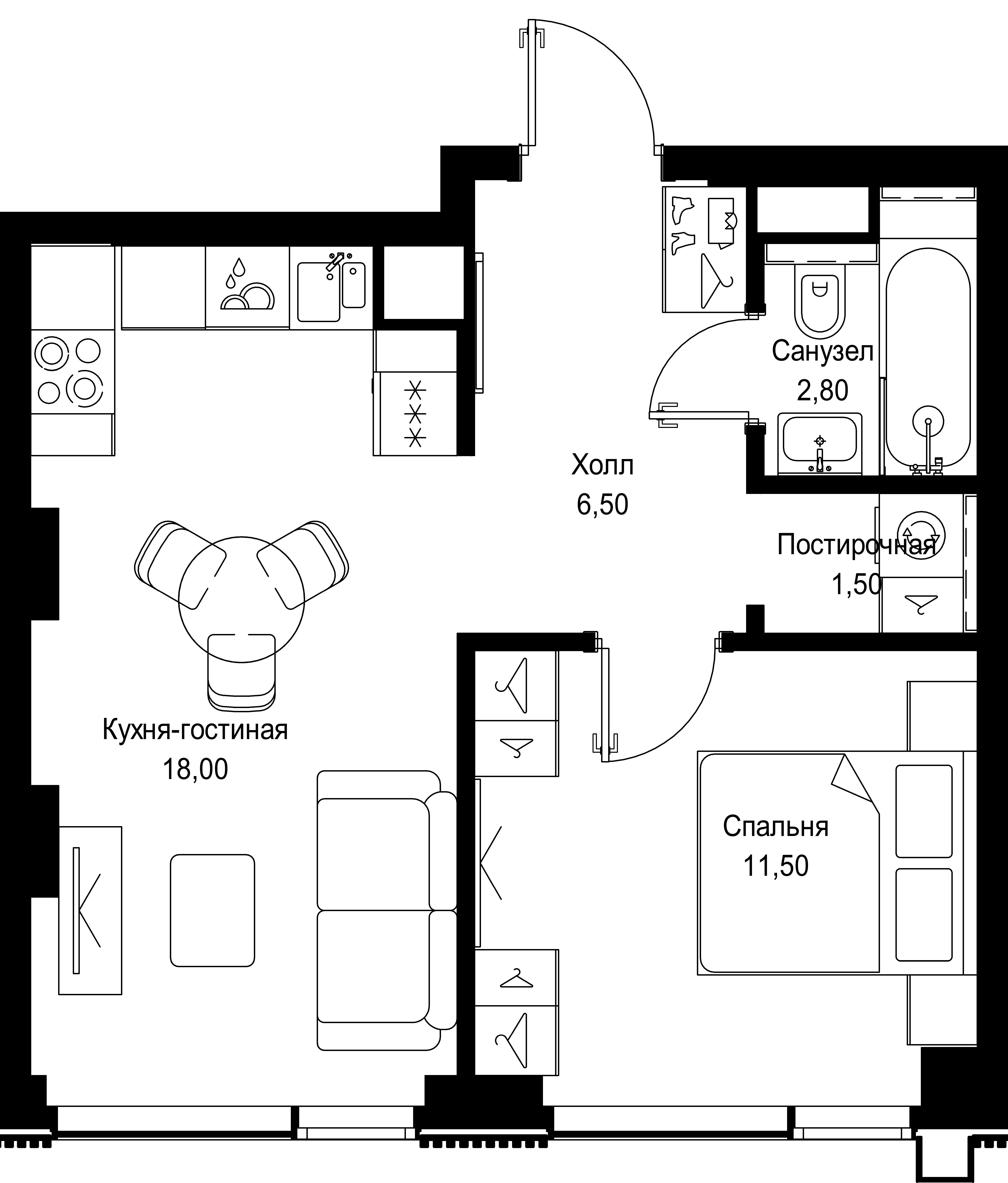 1 комн. квартира, 40.3 м², 4 этаж 