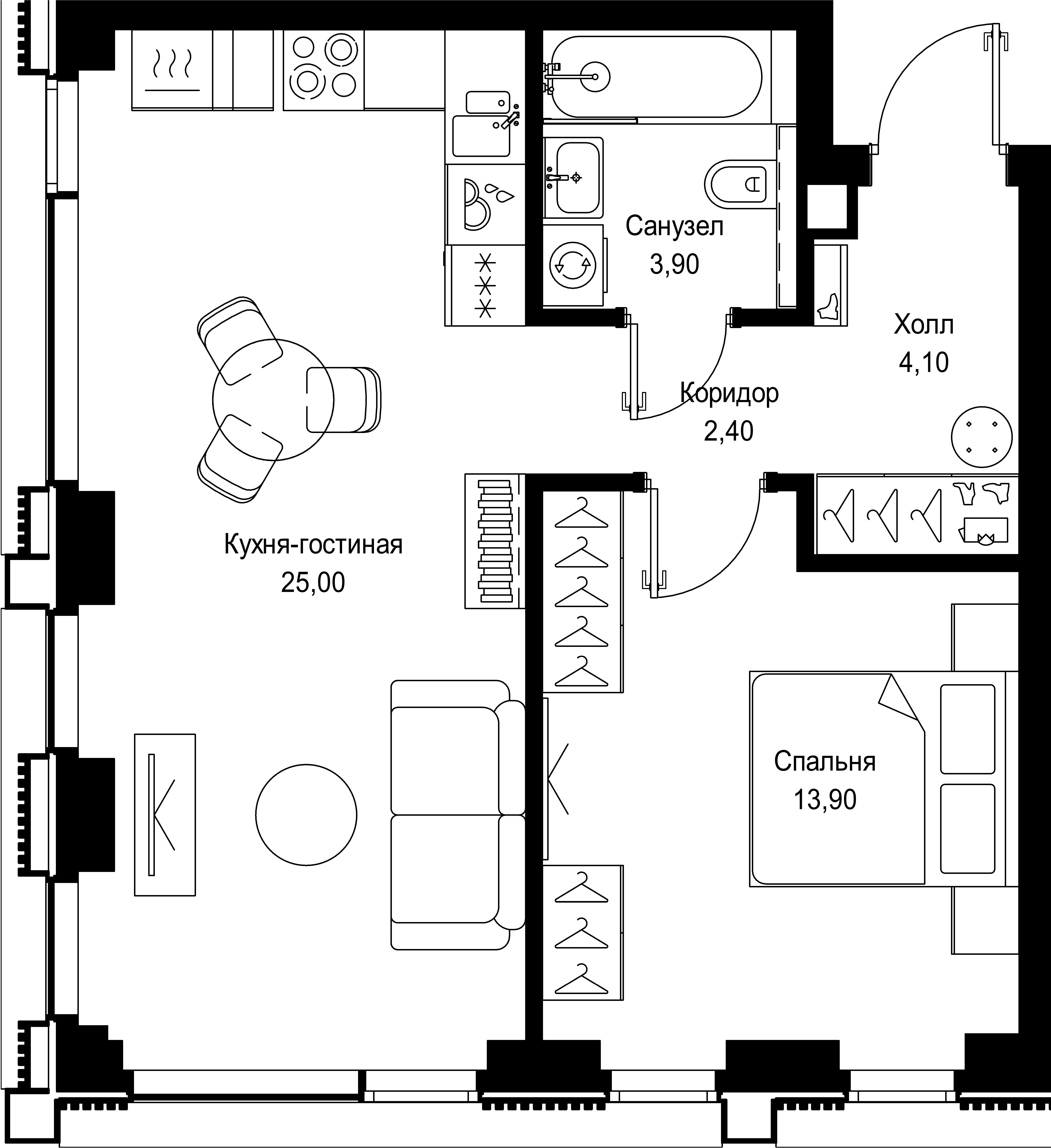 1 комн. квартира, 49.3 м², 25 этаж 